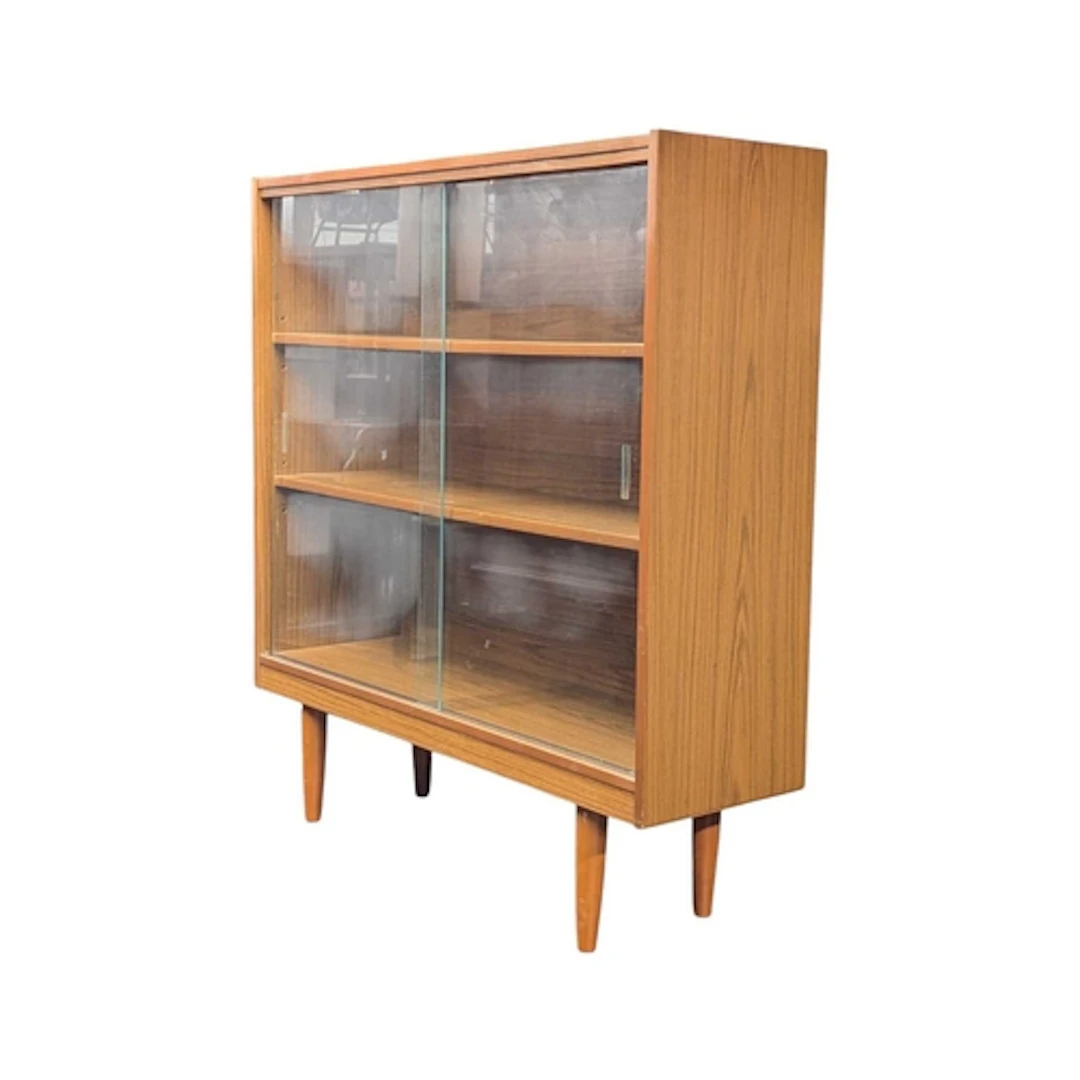 British Modern Design - Mid century teak glazed bookcase cab...