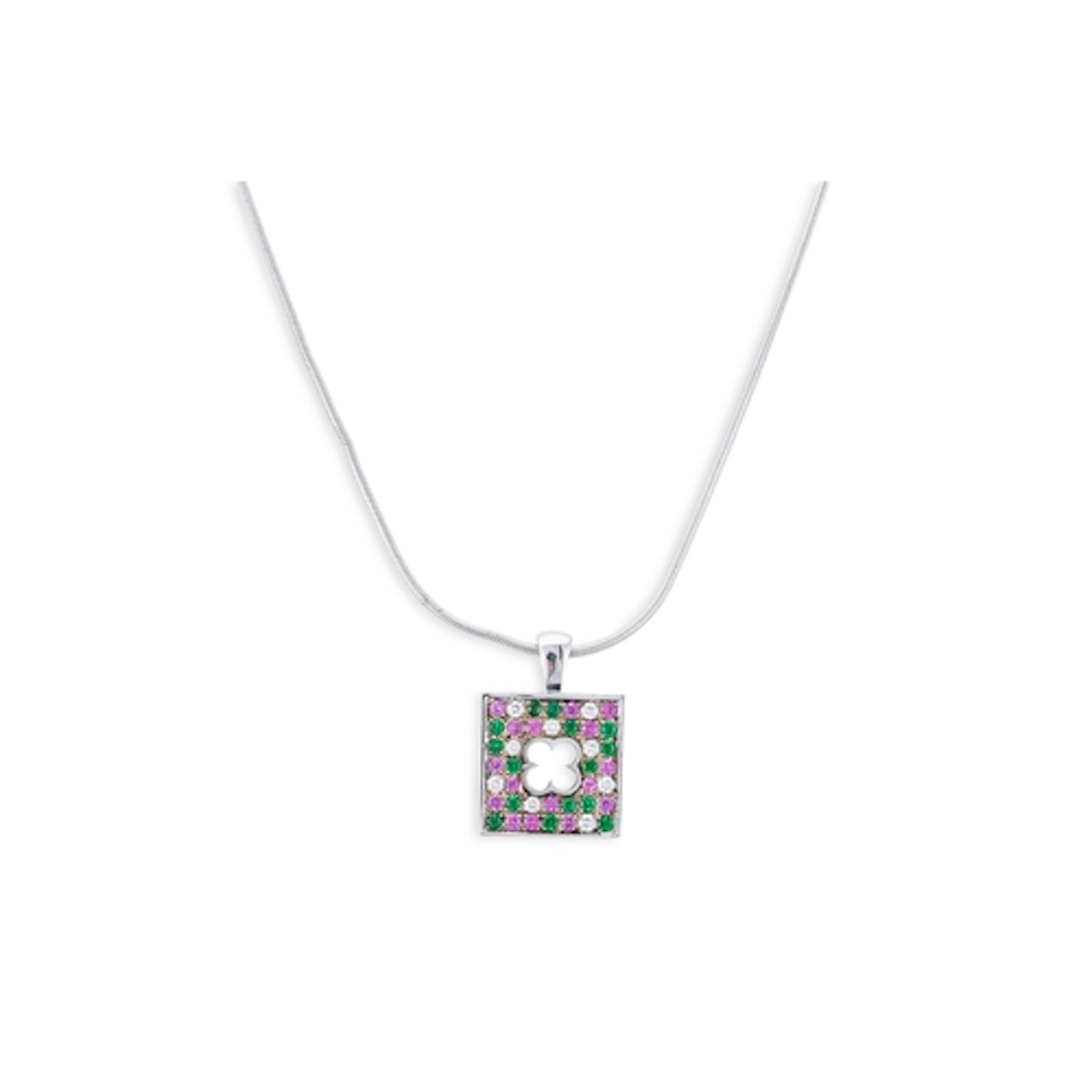 A MAUBOUSSIN DIAMOND AND GEMSET PENDANT, set with round cut ...
