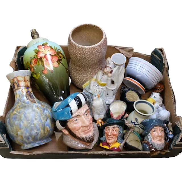 Doulton character jugs, a Staffordshire figure, a table lamp...