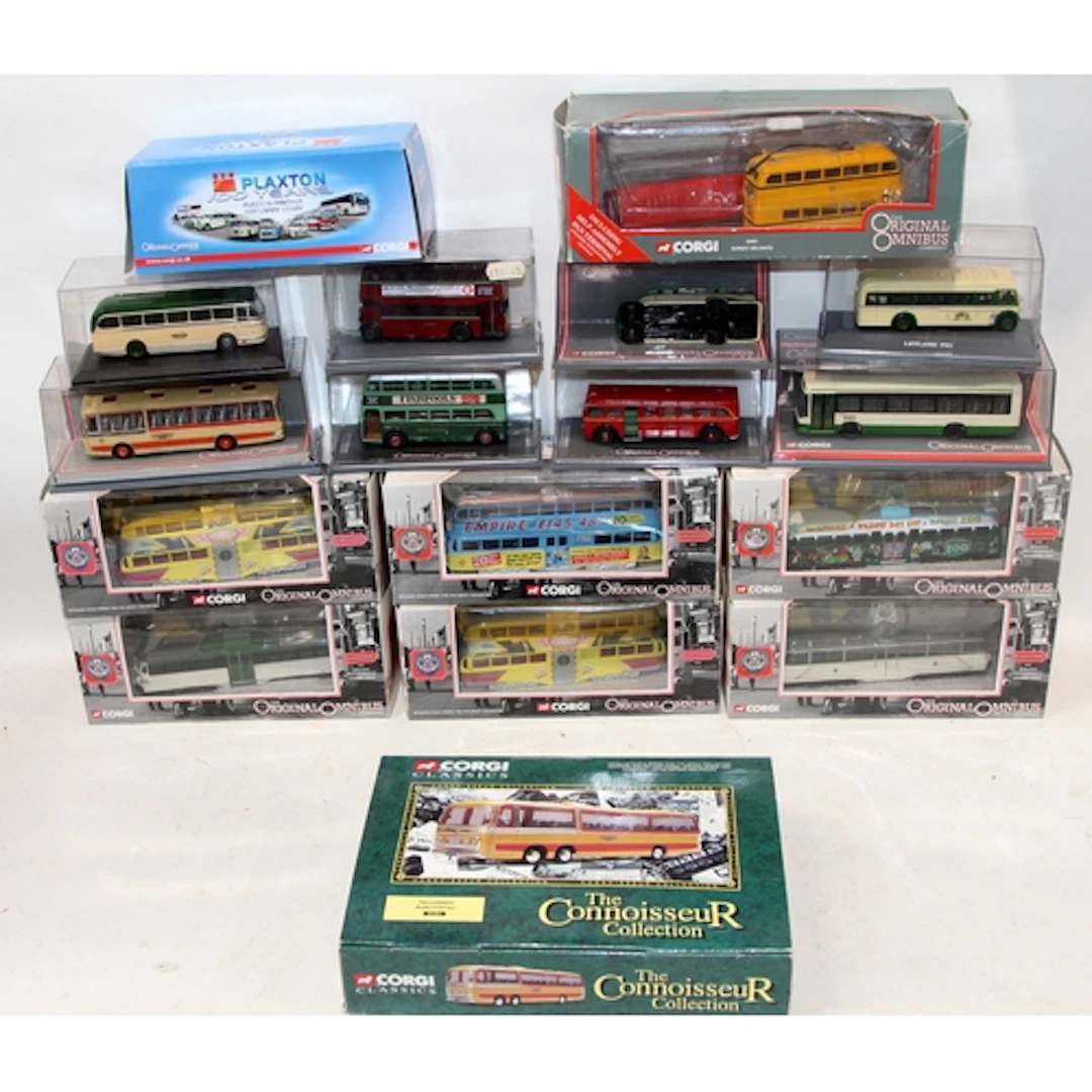 A collection of Corgi Original Omnibus die-cast model buses....