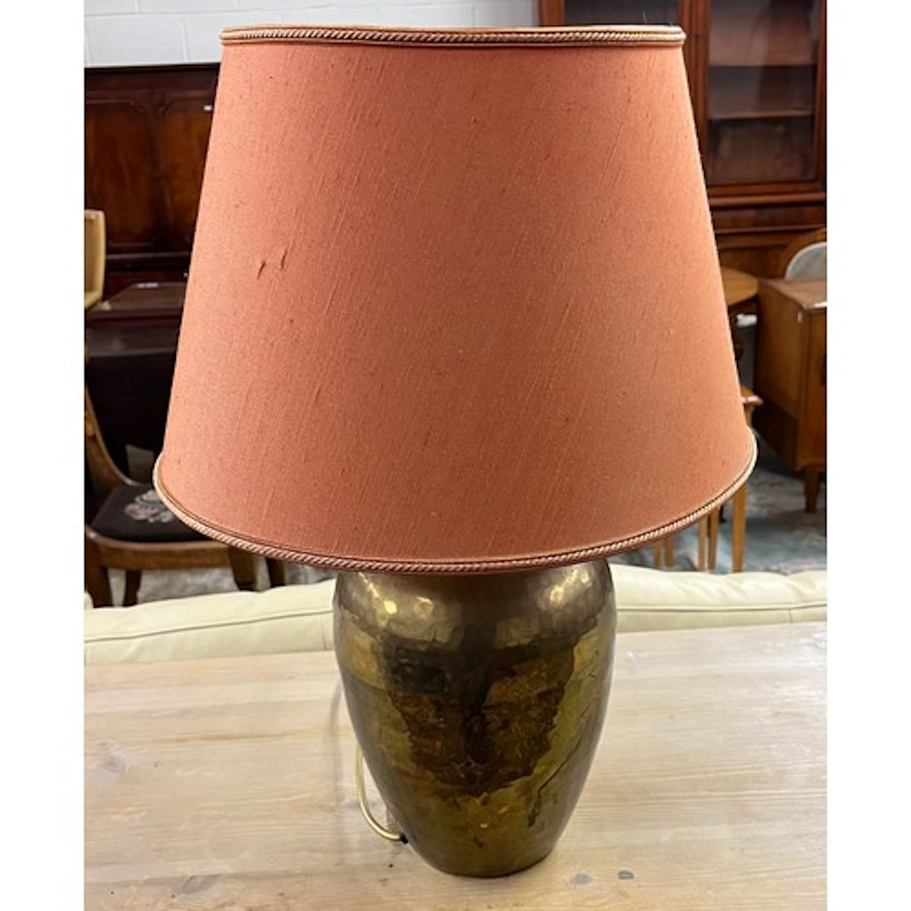 Brass table lamp and shade.
