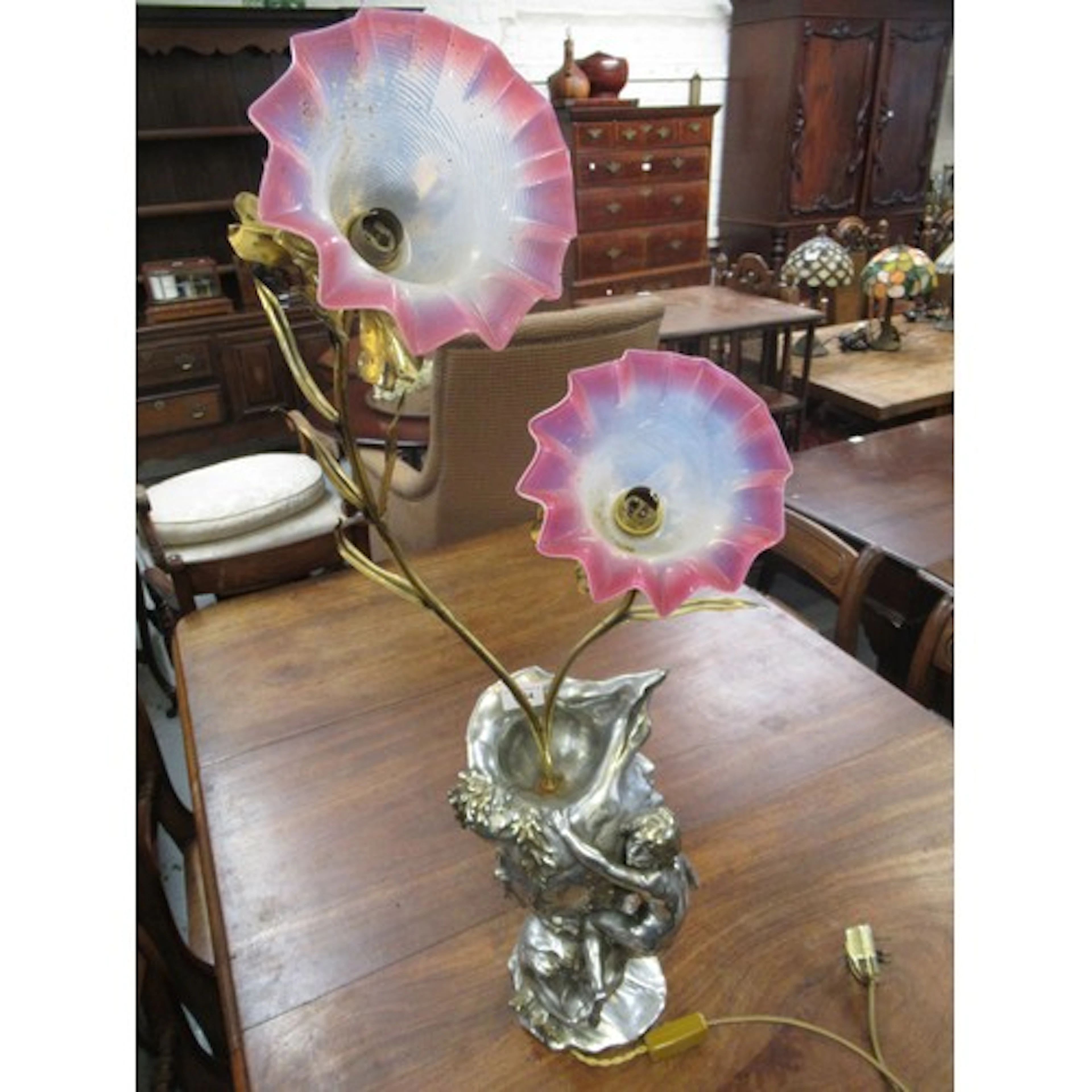 Unusual silvered metal brass and glass table lamp, the base ...