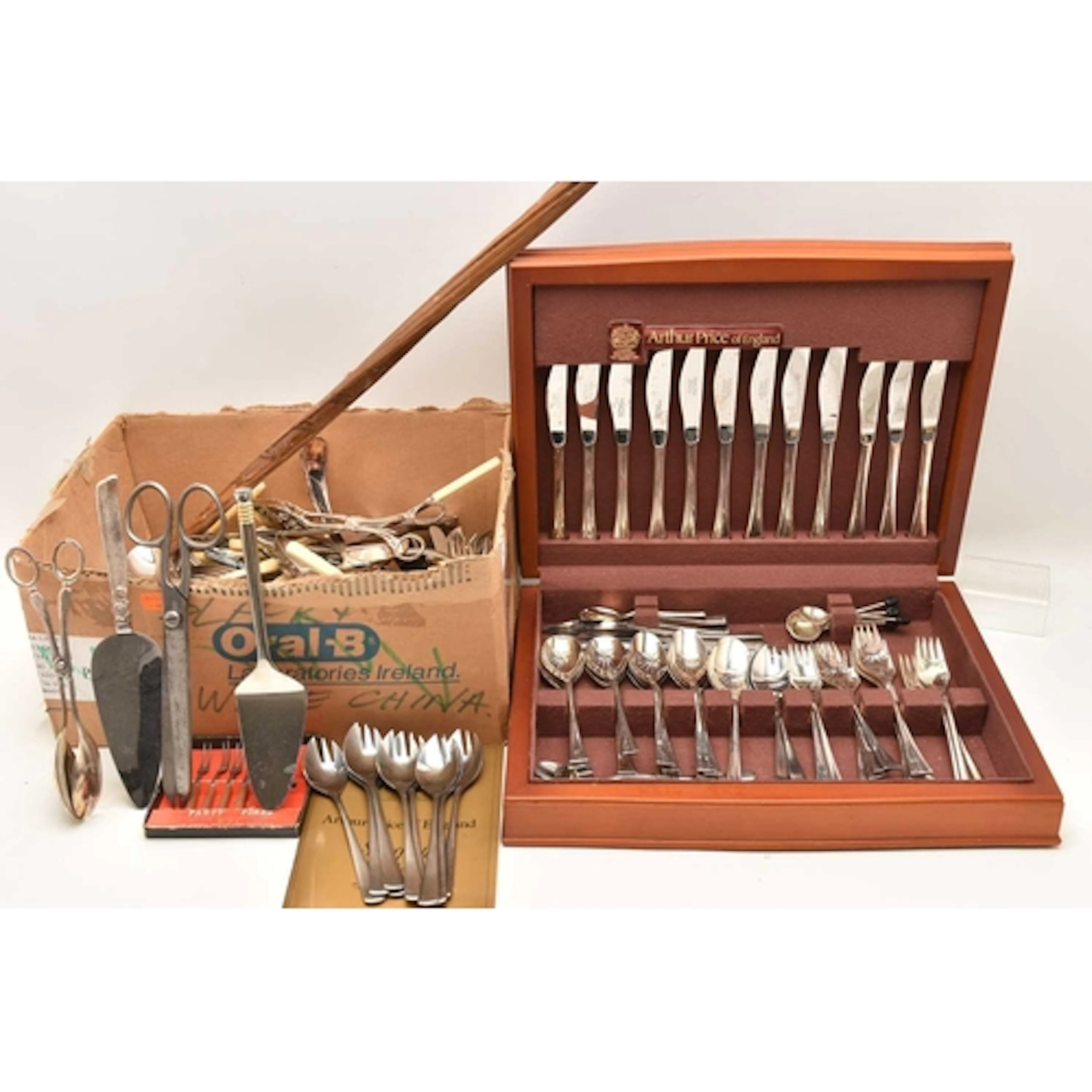 A CANTEEN OF MIXED CUTLERY, A BOX OF ASSORTED LOOSE CUTLERY ...