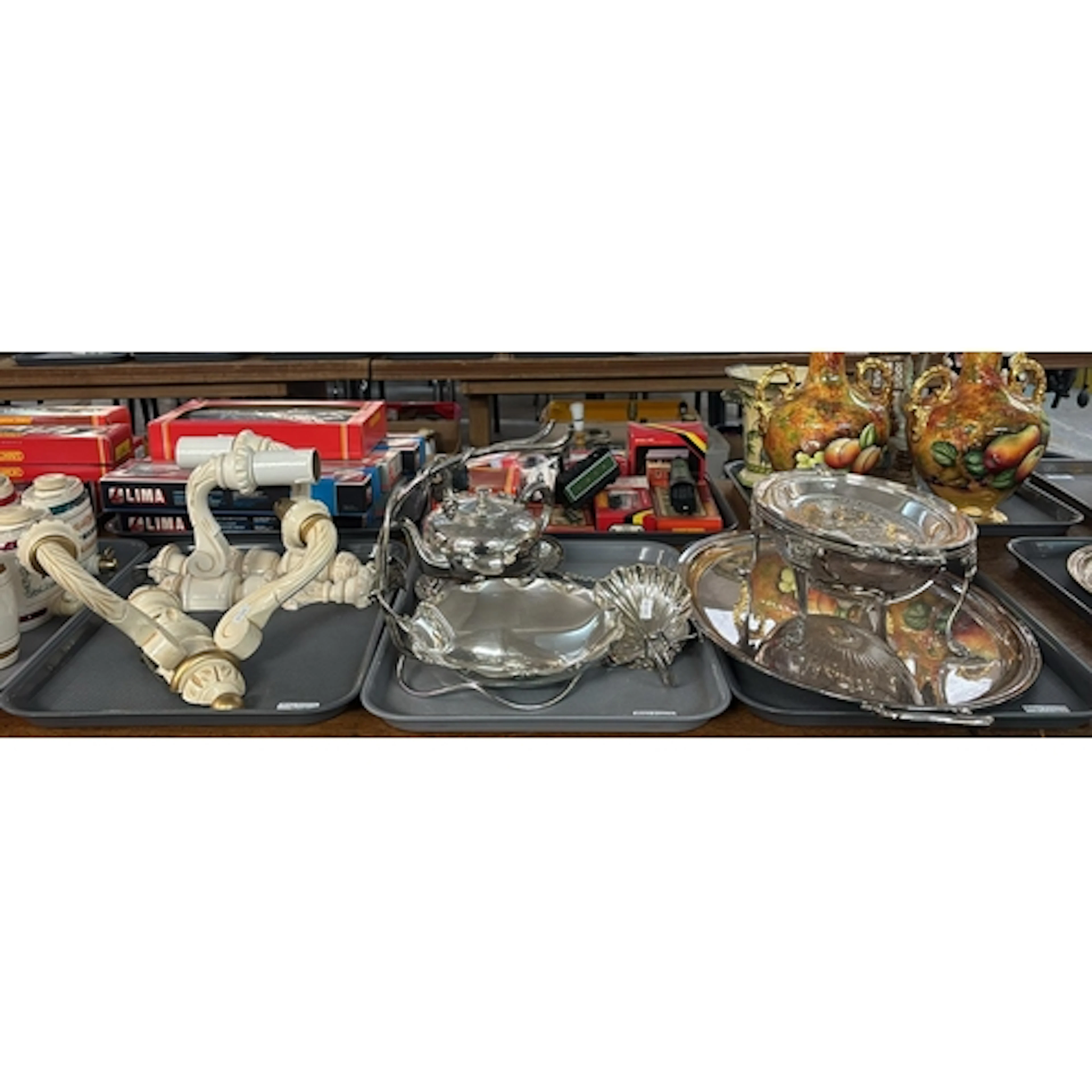 Two trays of silver plate to include: Victorian bacon warmer...