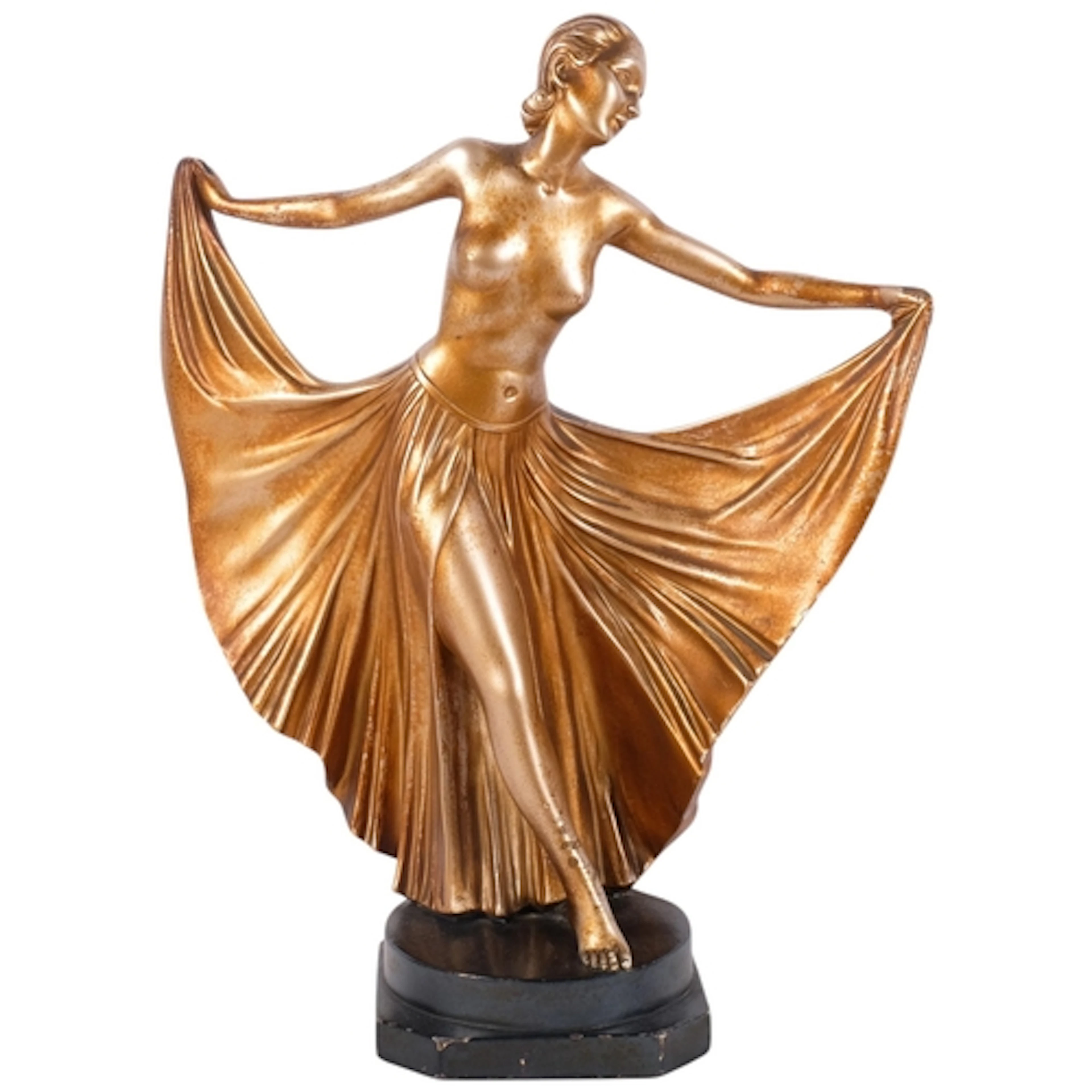 An Art Deco gilded sculpture of a dancing girl, on plinth, H...