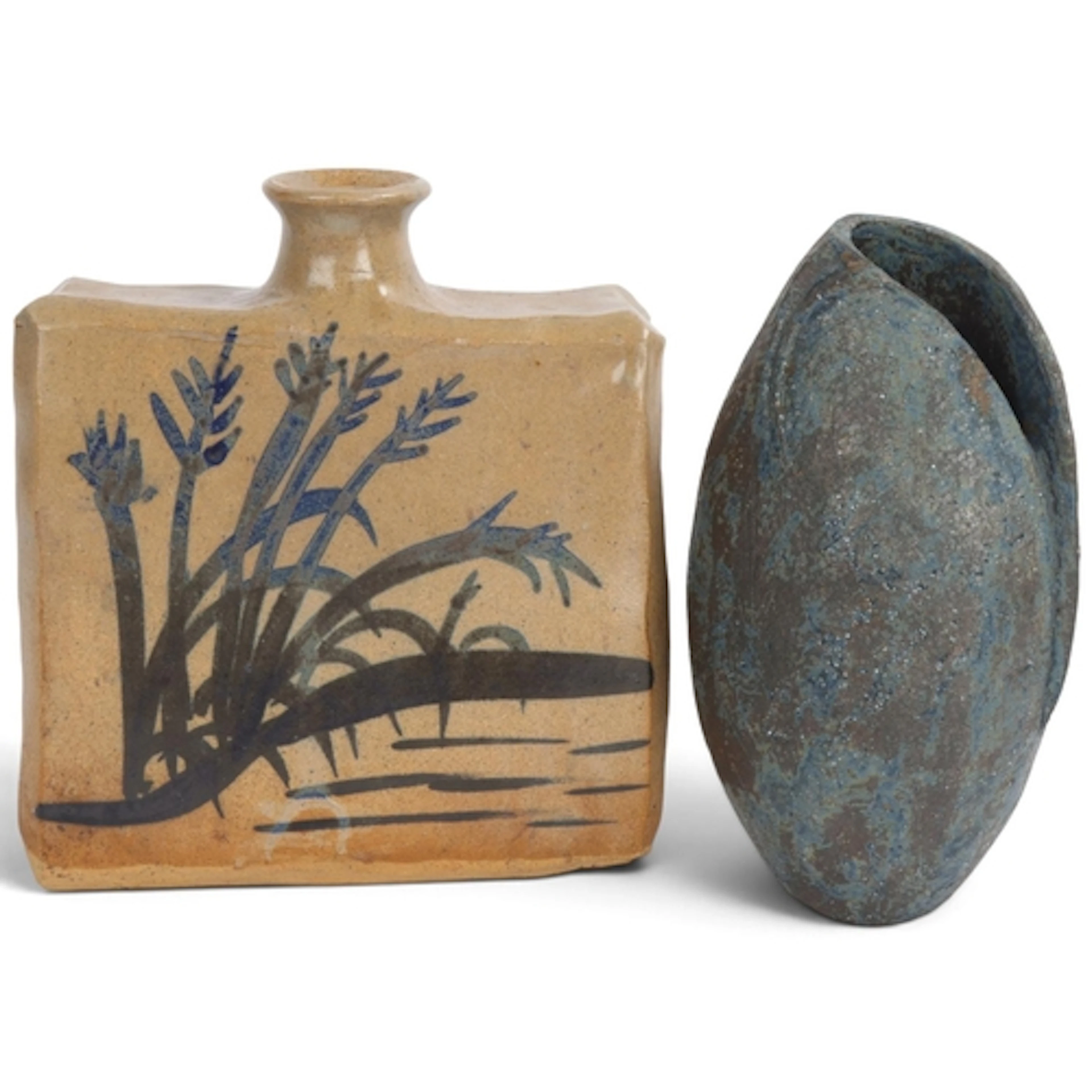 Two mid-century studio pottery vases, a slab vase with brush...