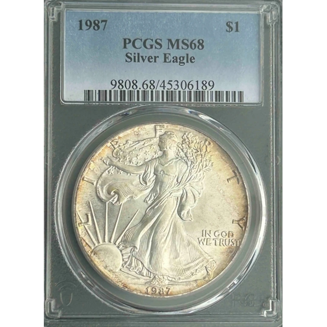 1987 USA $1 silver Eagle coin, slabbed and graded by P.C.G.S...