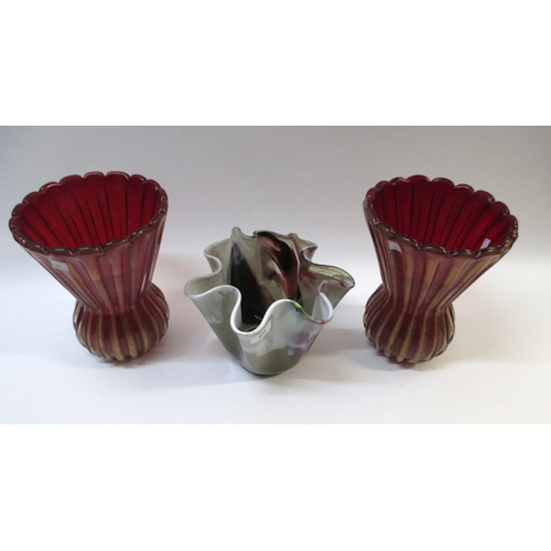 Pair of Murano fluted flared rim vases, with gilt decoration...