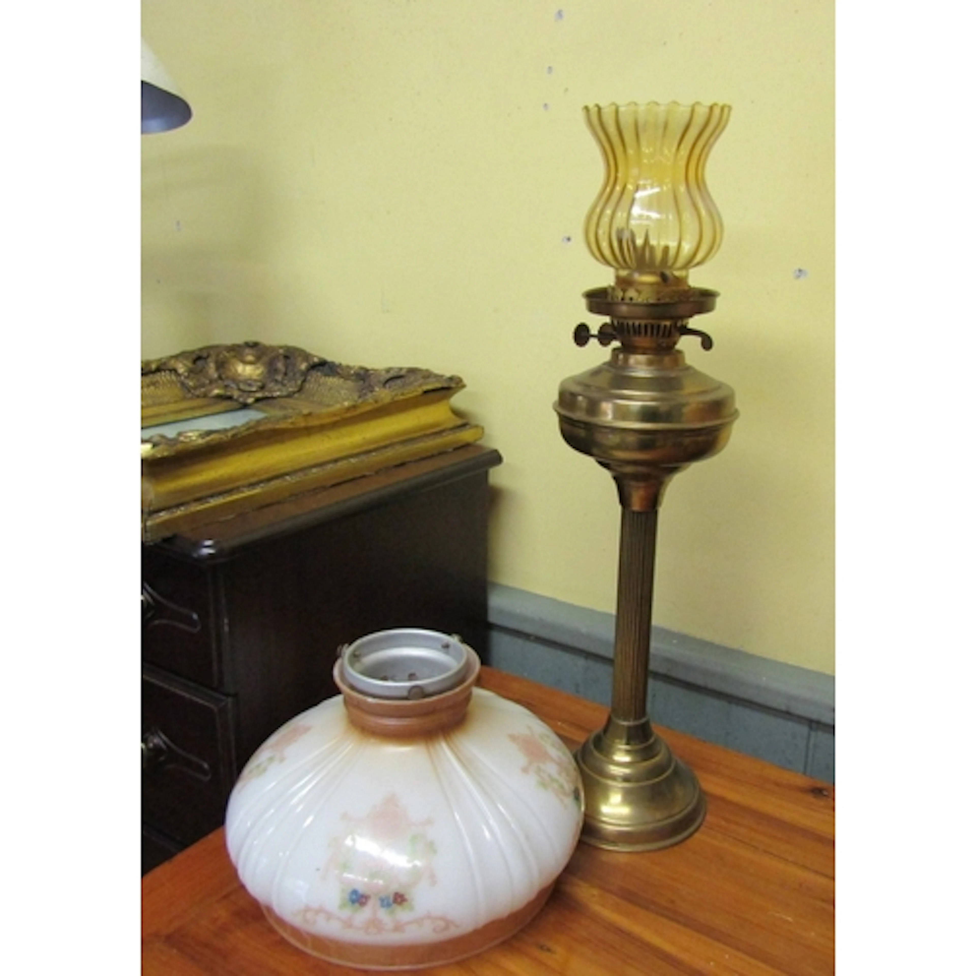 Antique Brass Column Form Oil Lamp with Shade and Another Sh...