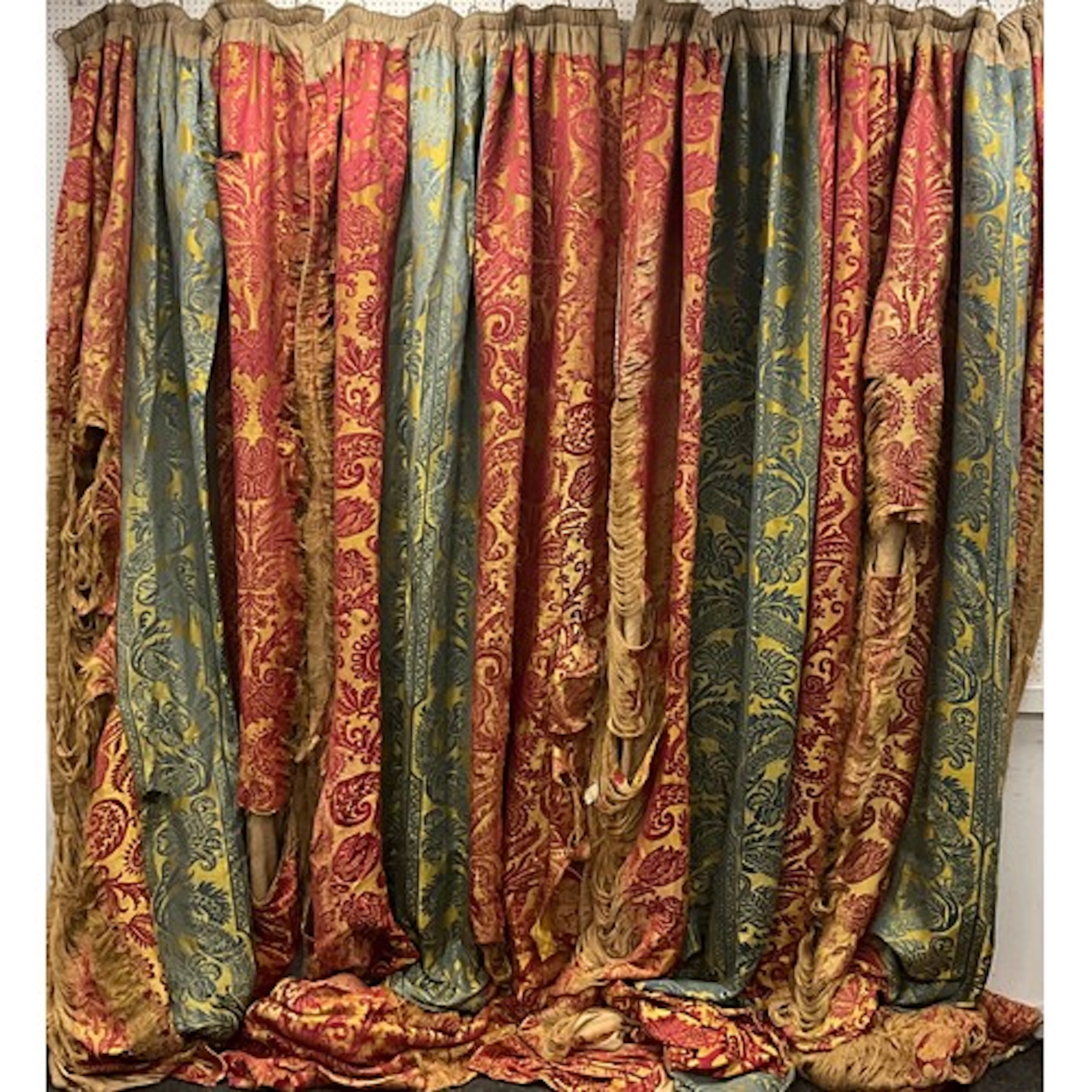 A suite of damask curtains, four full length curtains in blu...