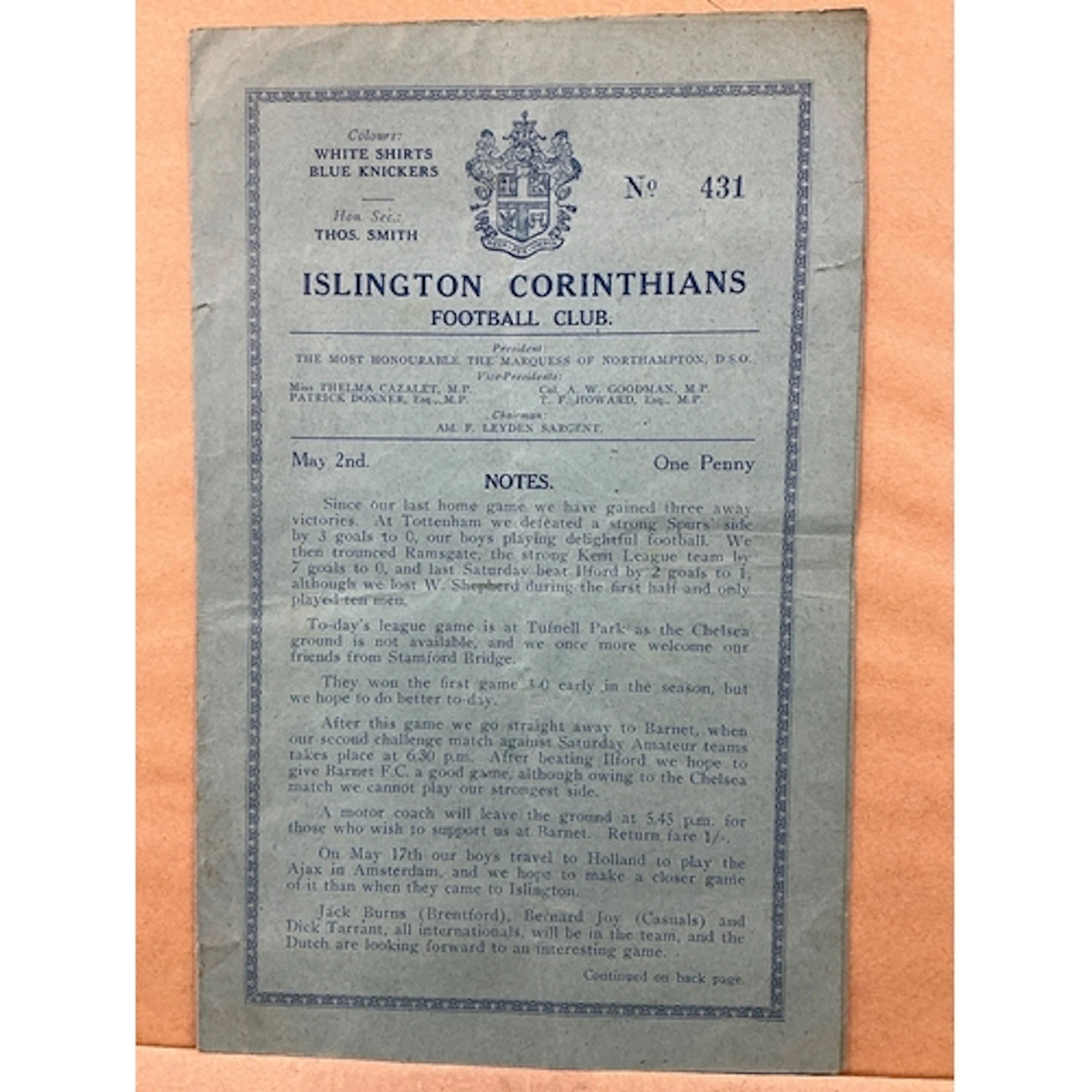 1935 - 1936 Islington Corinthians v Chelsea Football Program...