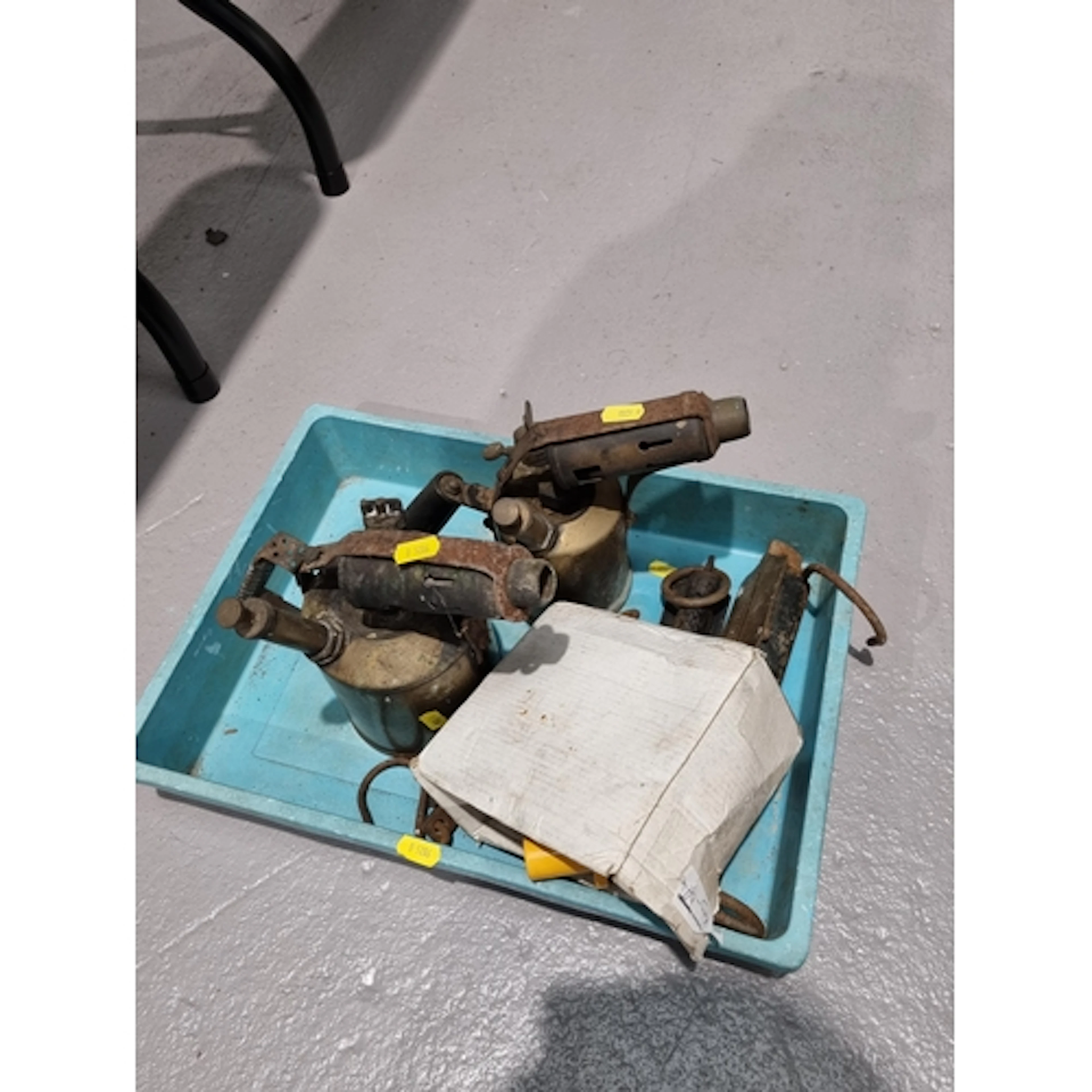 Two brass Blow Lamps, Spring Balance Scales, and a ball hitc...