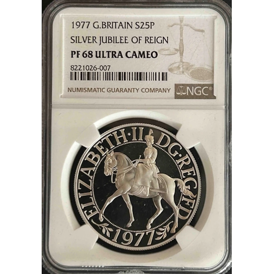 1977 UK Silver Jubilee silver proof Crown, slabbed and grade...