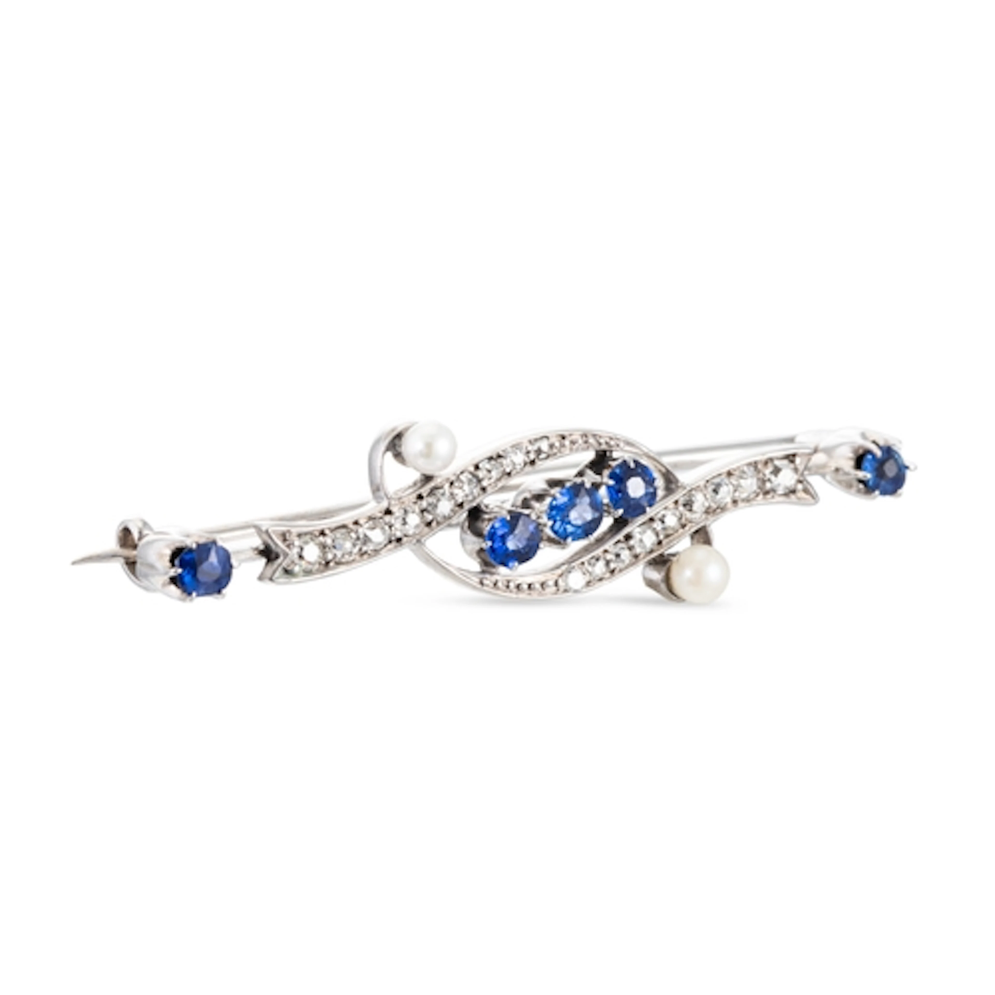 AN ANTIQUE SAPPHIRE, DIAMOND AND PEARL BROOCH, mounted in wh...