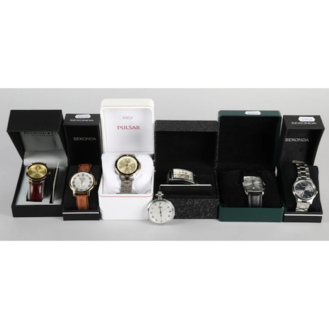 Seven cased wrist watches and a pocket watch