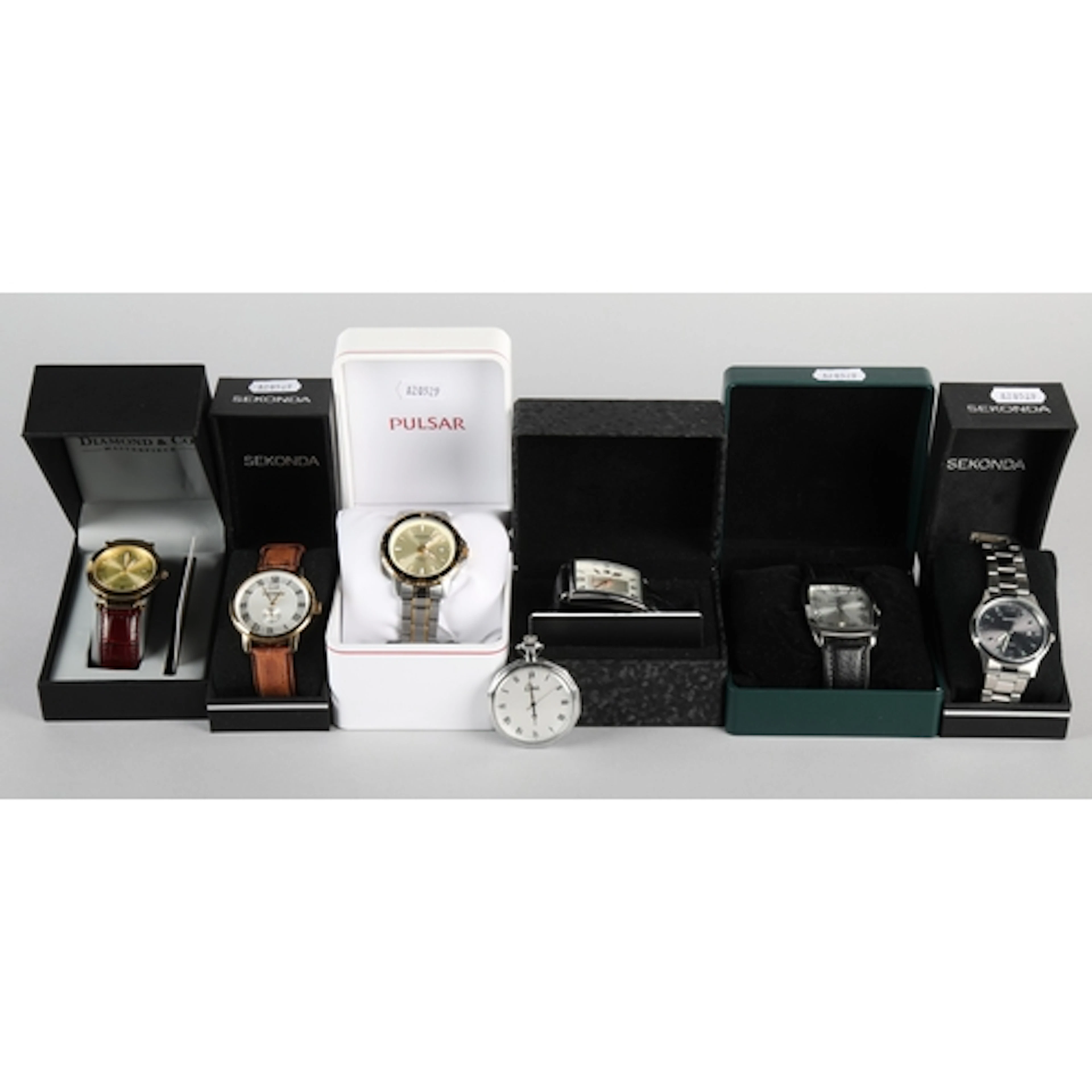 Seven cased wrist watches and a pocket watch