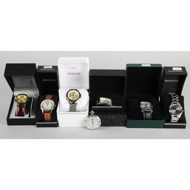 Seven cased wrist watches and a pocket watch