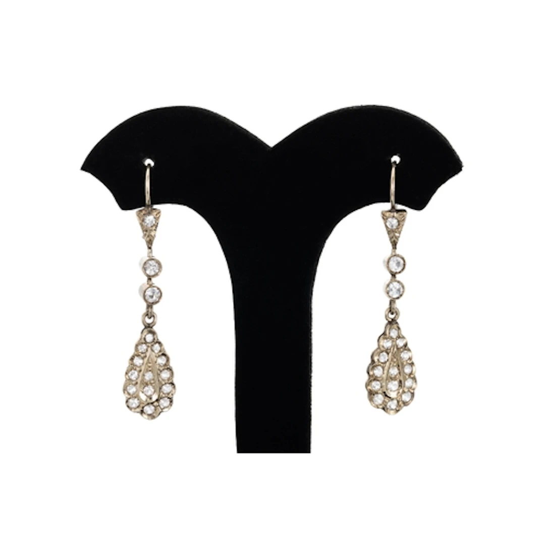 A PAIR OF VINTAGE WHITE SPINEL DROP EARRINGS, mounted in 18c...