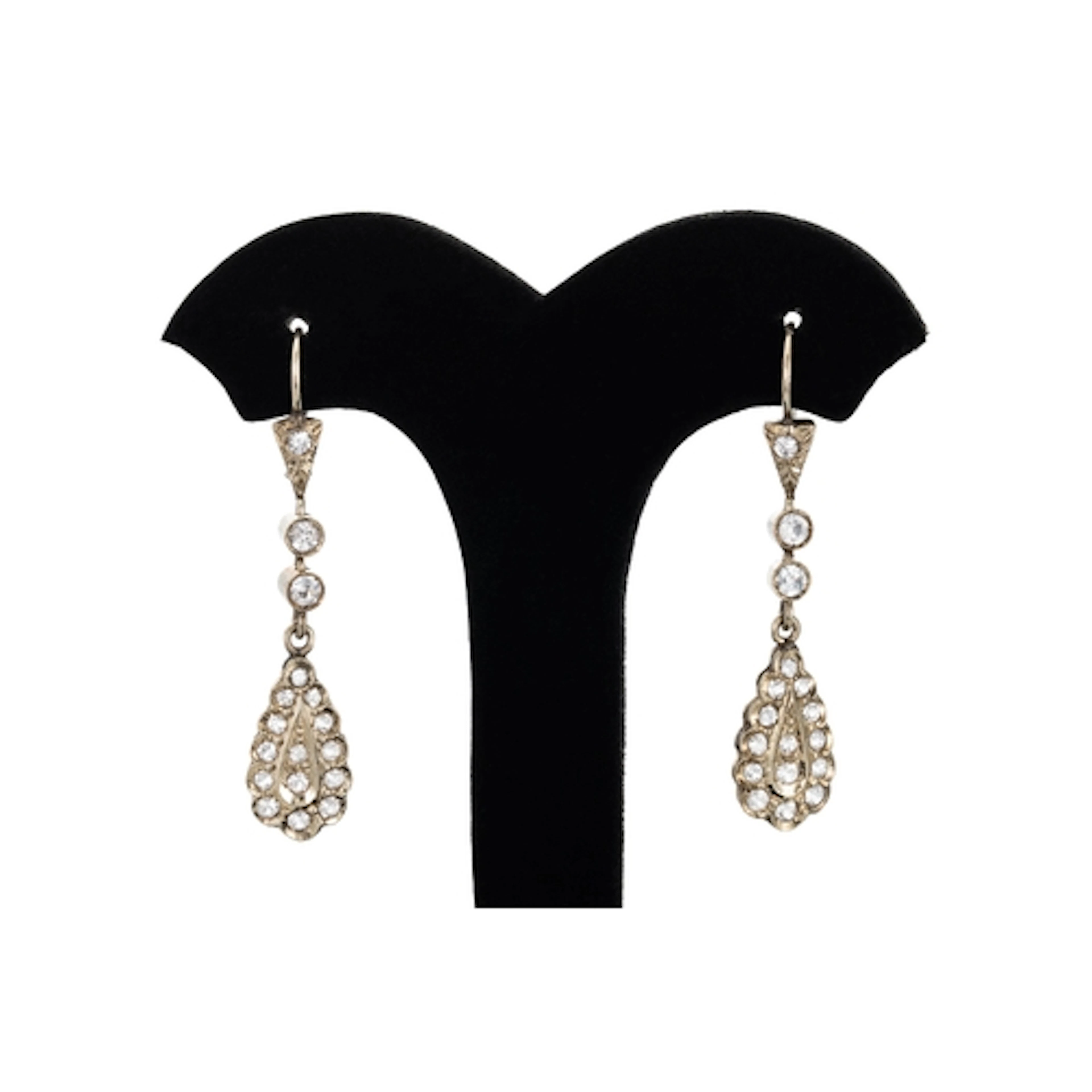 A PAIR OF VINTAGE WHITE SPINEL DROP EARRINGS, mounted in 18c...