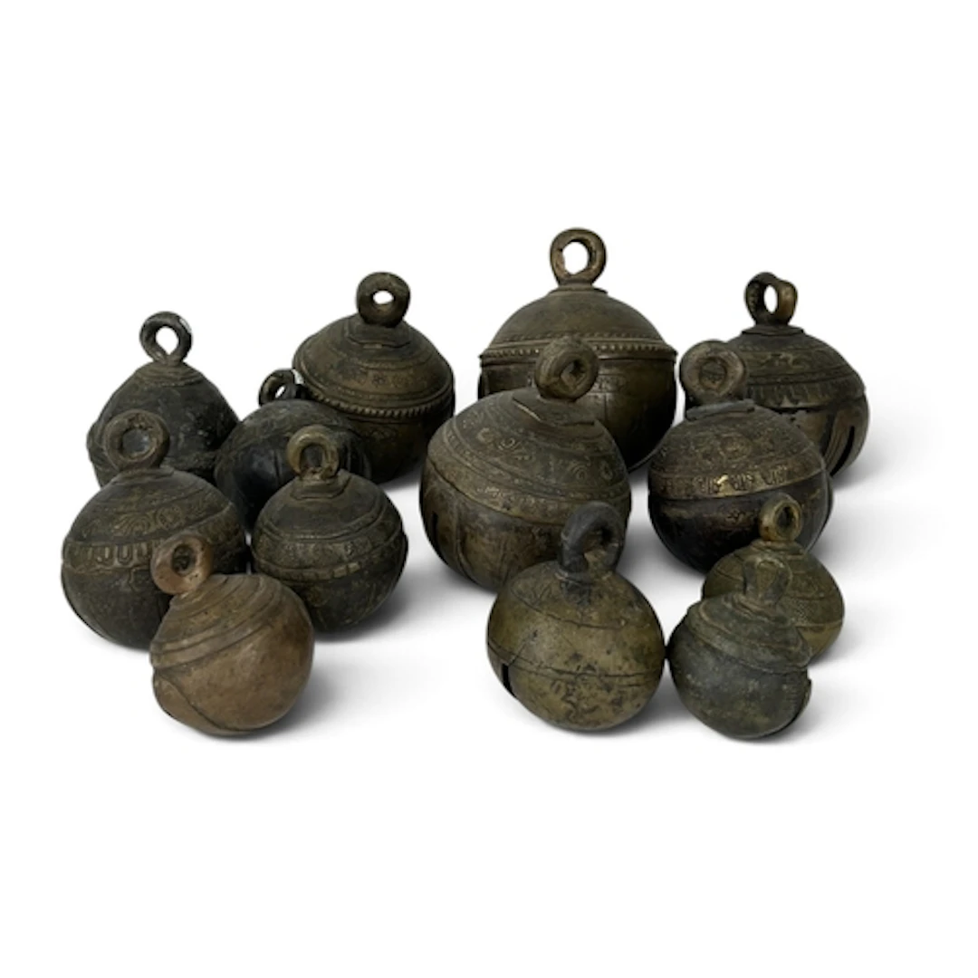 THIRTEEN 19TH C BURMESE CAST BRASS BELLS FOR ELEPHANTS Sever...