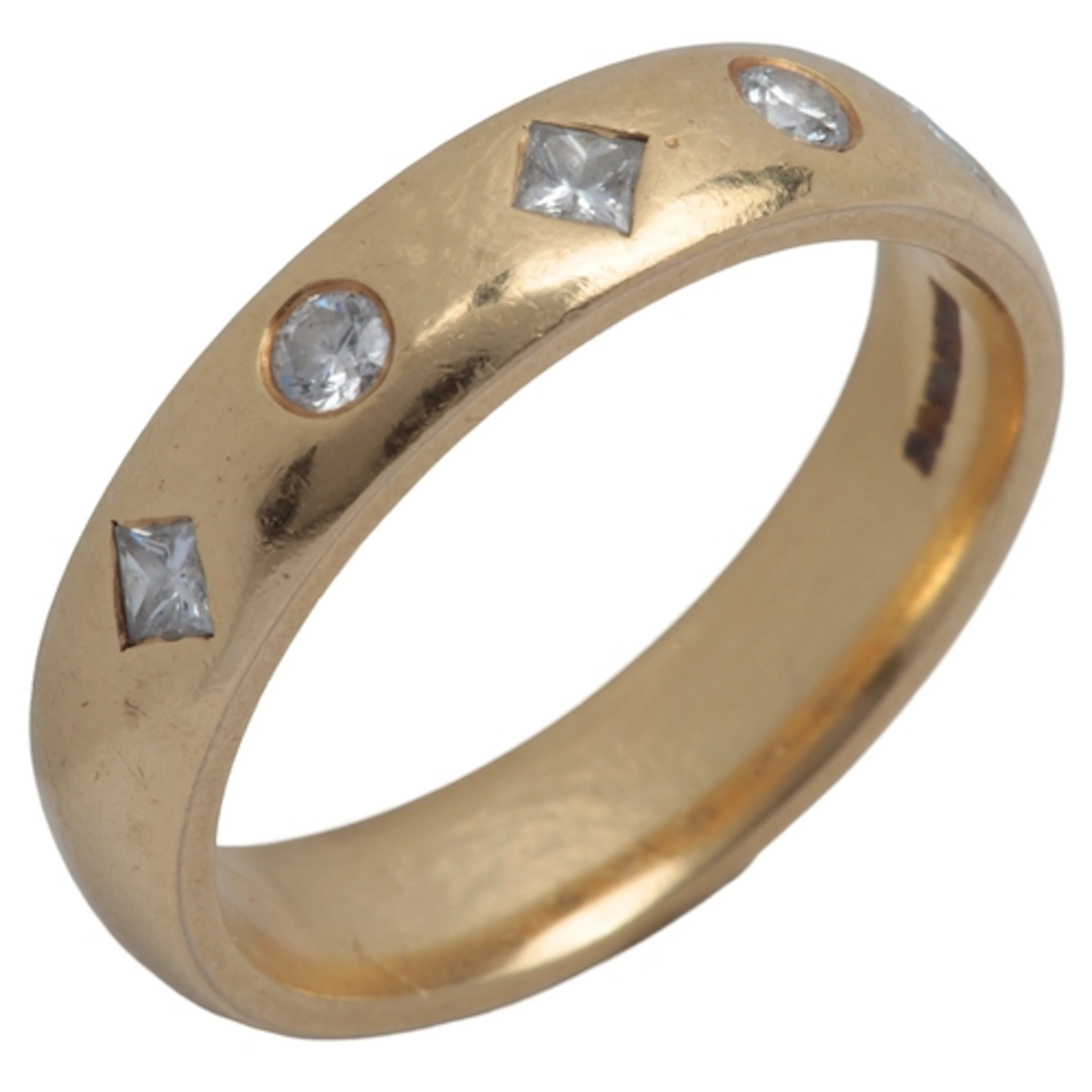 A diamond ring, the gold band rub over-set with a sequence o...