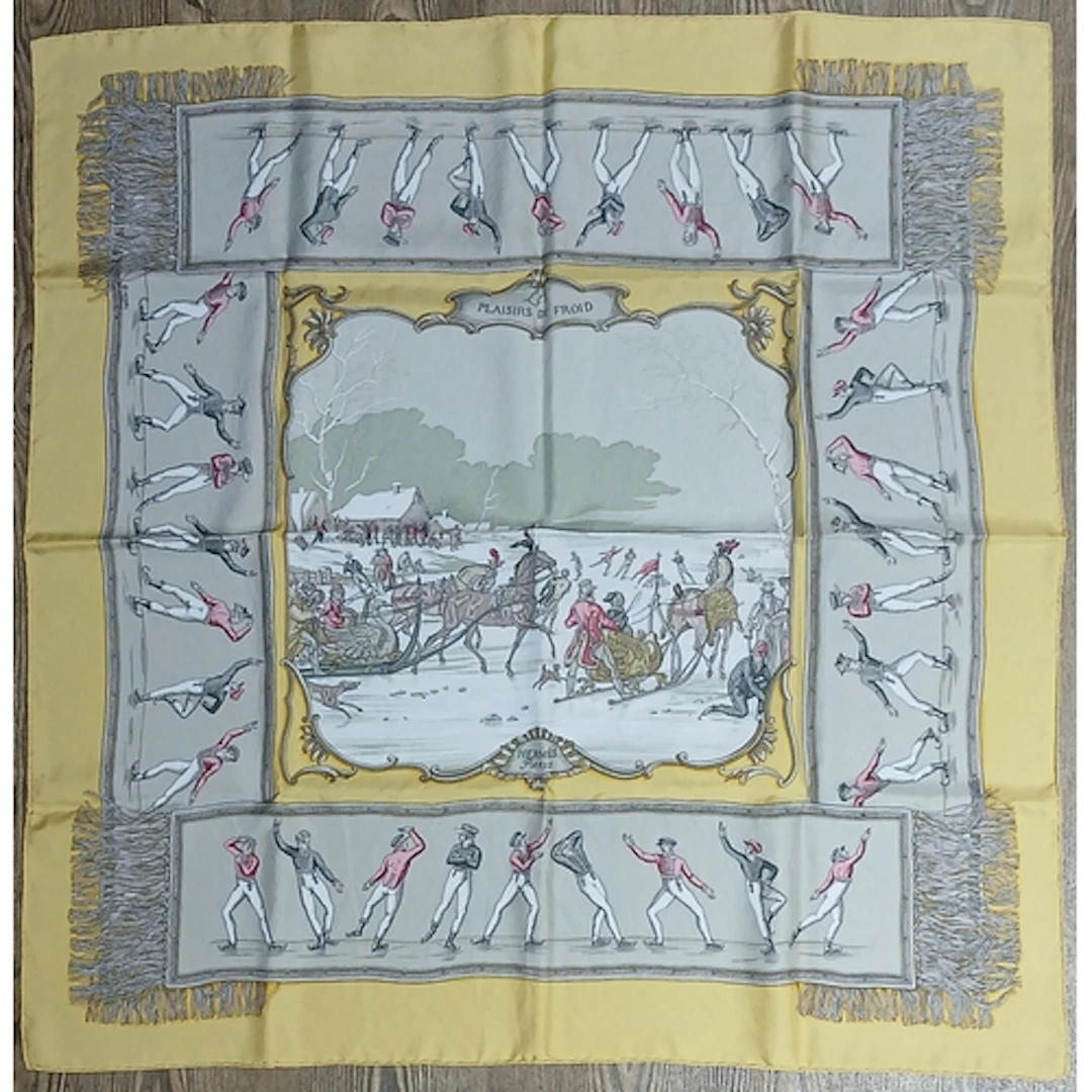 HERMES, silk scarf, Les Plaisirs Du Froid designed by Hugo G...