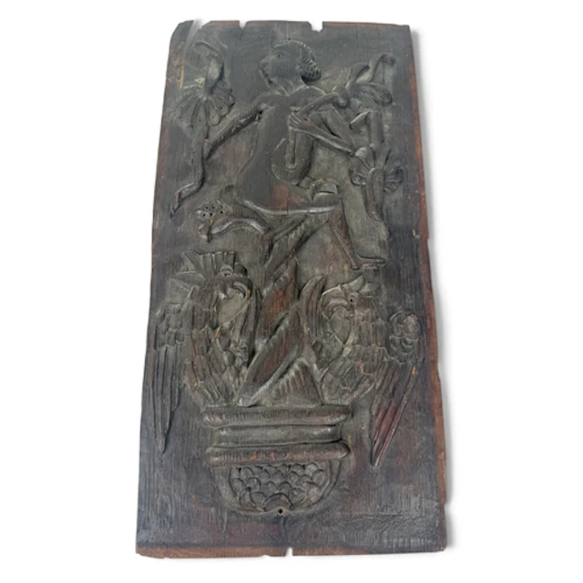A 17TH/18TH CENTURY CARVED OAK PANEL DEPICTING A FIGURE 57cm...