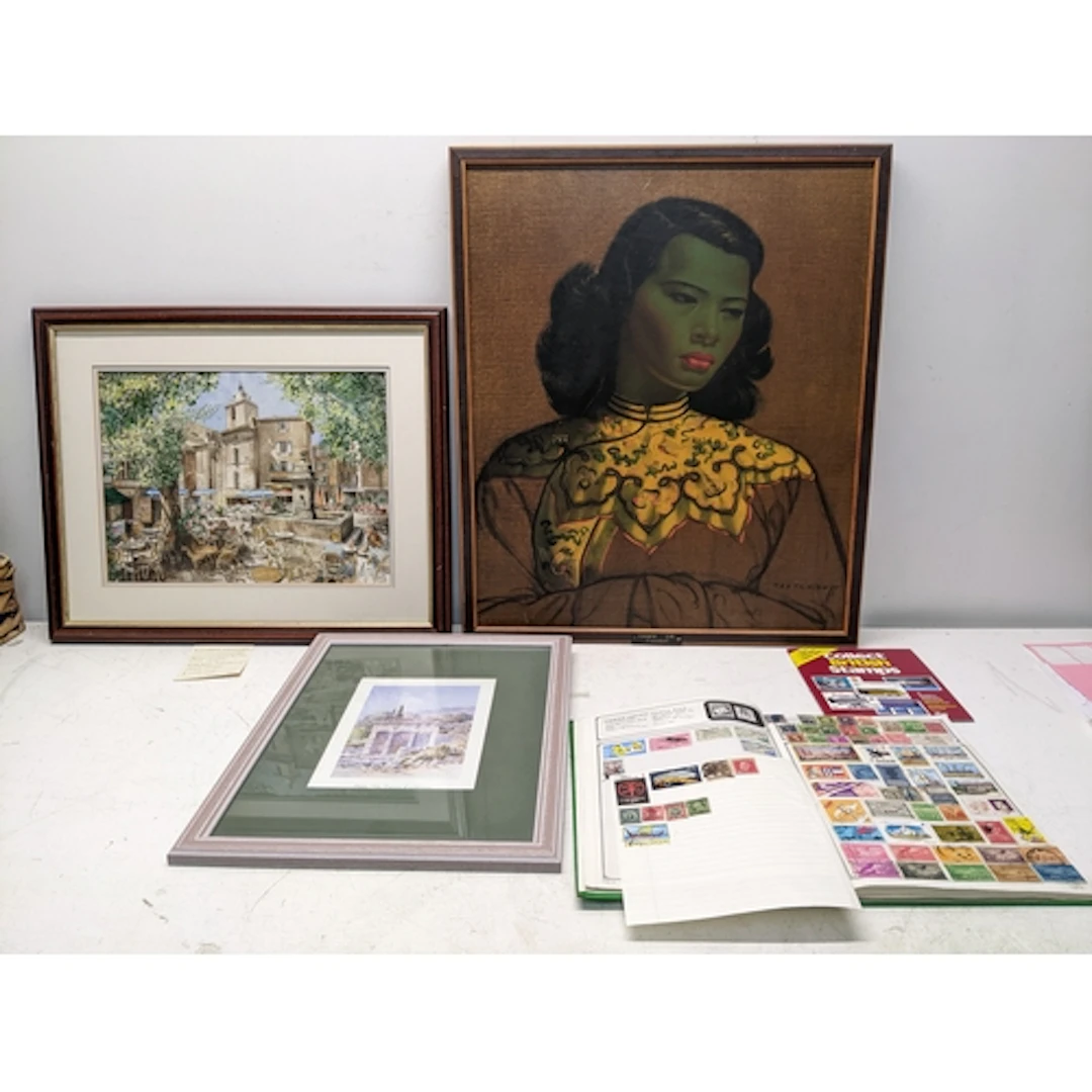 Pictures and stamps to include a mid-century Tretchikoff pri...