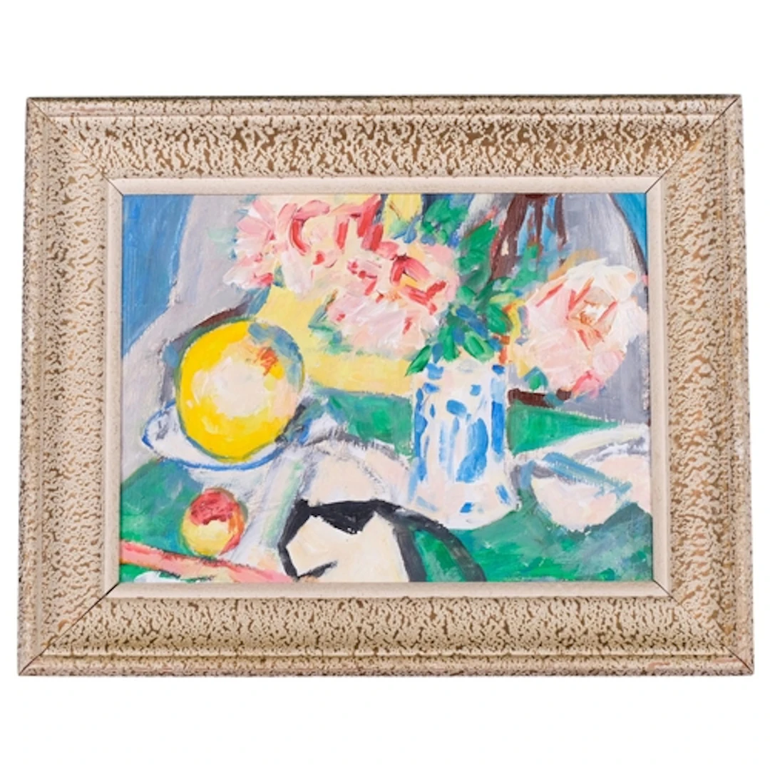 Contemporary abstract still life, oil on board, unsigned, 30...