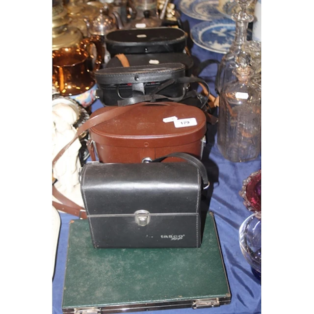 Assorted binoculars, including Swift, Hoya, Pathescope, etc