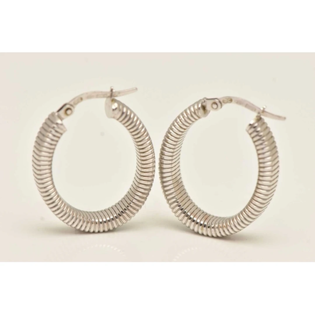 A PAIR OF 9CT WHITE GOLD HOOP EARRINGS, textured design, app...