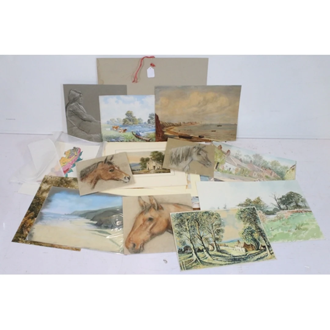 Portfolio containing a large number of watercolours, pencil ...