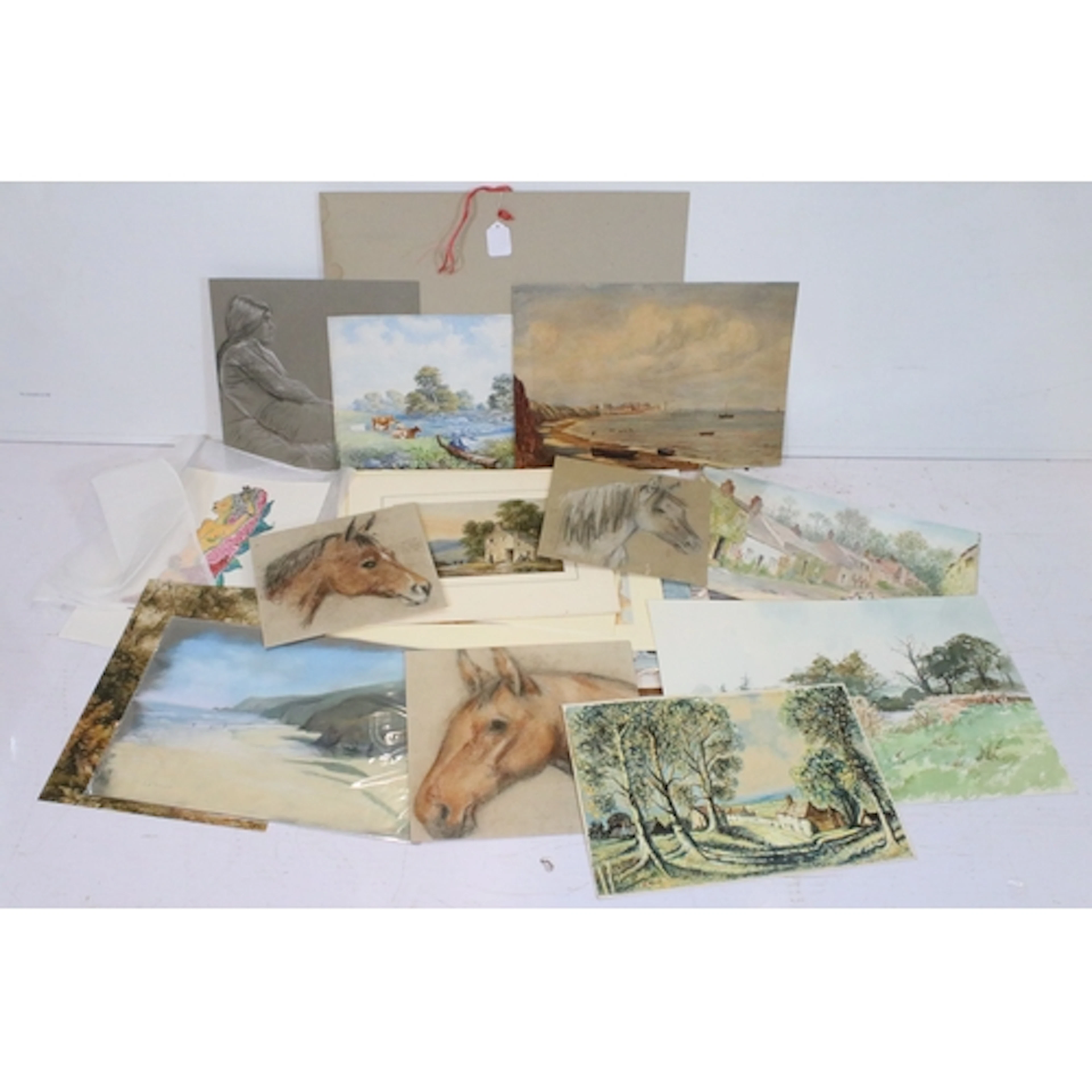 Portfolio containing a large number of watercolours, pencil ...