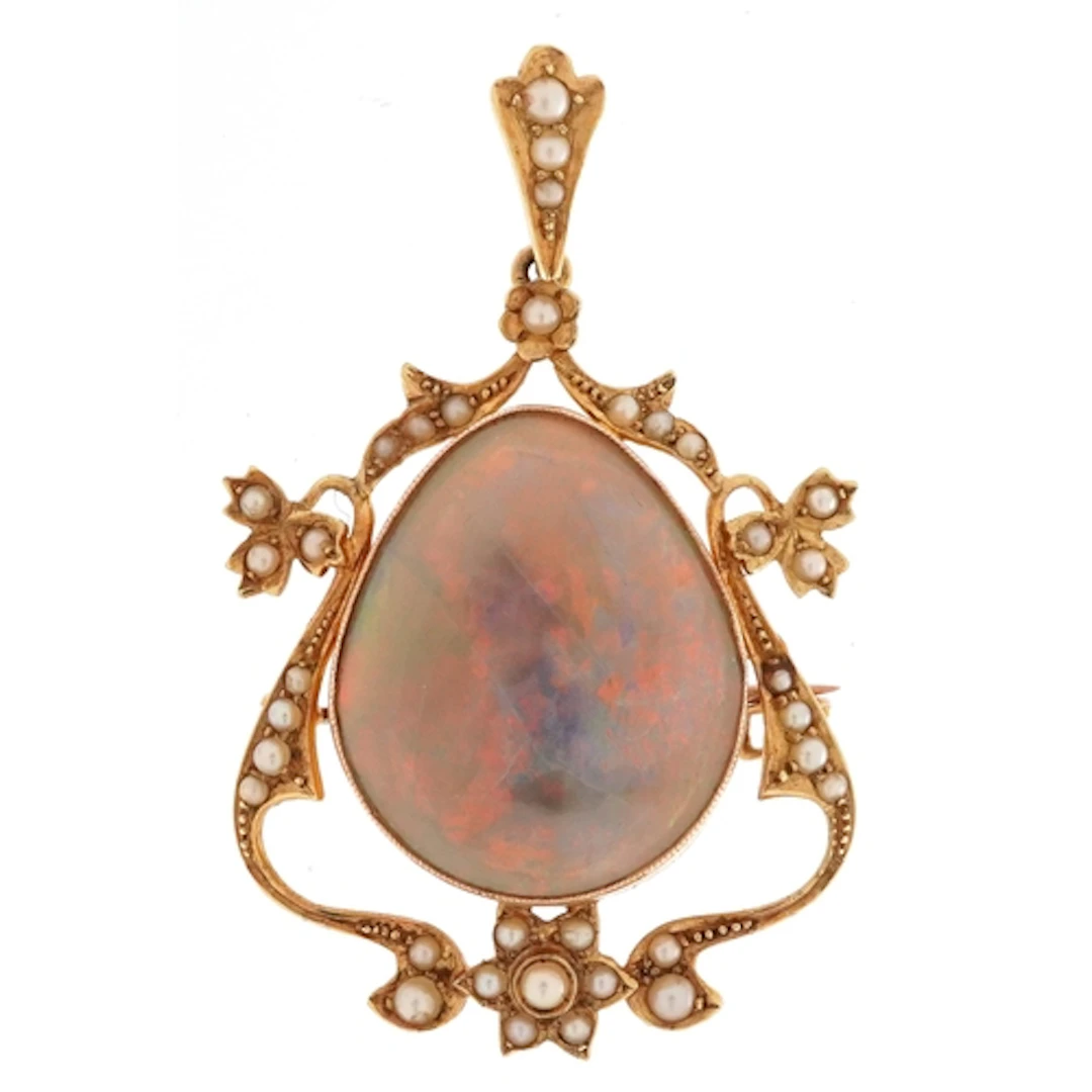 Edwardian 15ct gold opal and seed pearl openwork pendant bro...