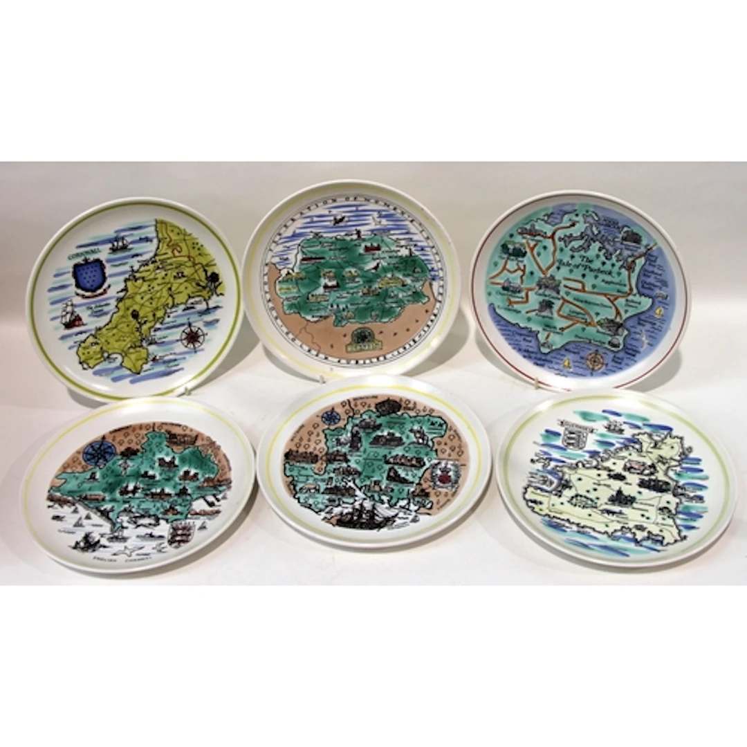 6 x Poole pottery 23cms map plates to include Guernsey, Isle...