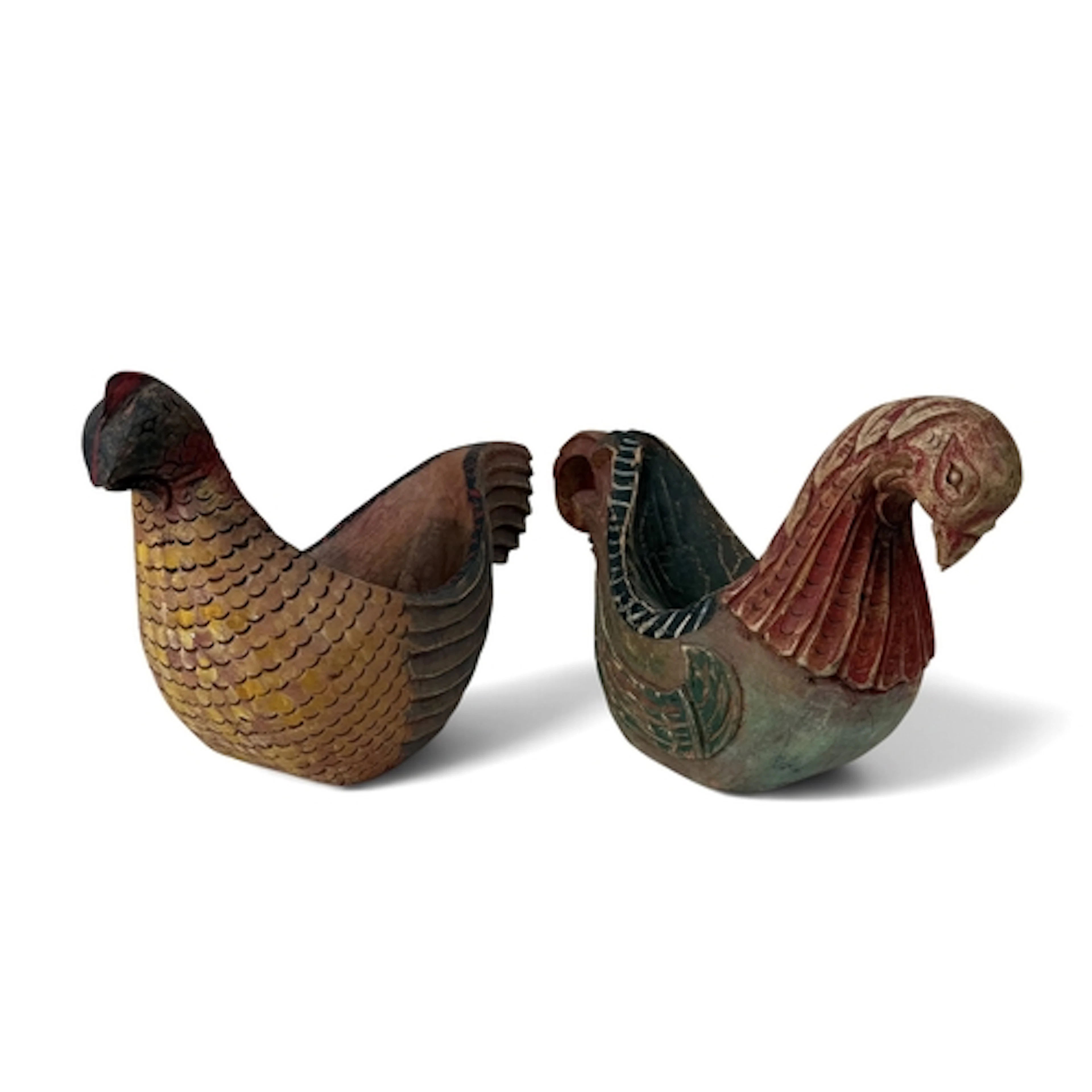 TWO MID-20TH CENTURY CARVED AND PAINTED WOODEN BIRDS, POSSIB...