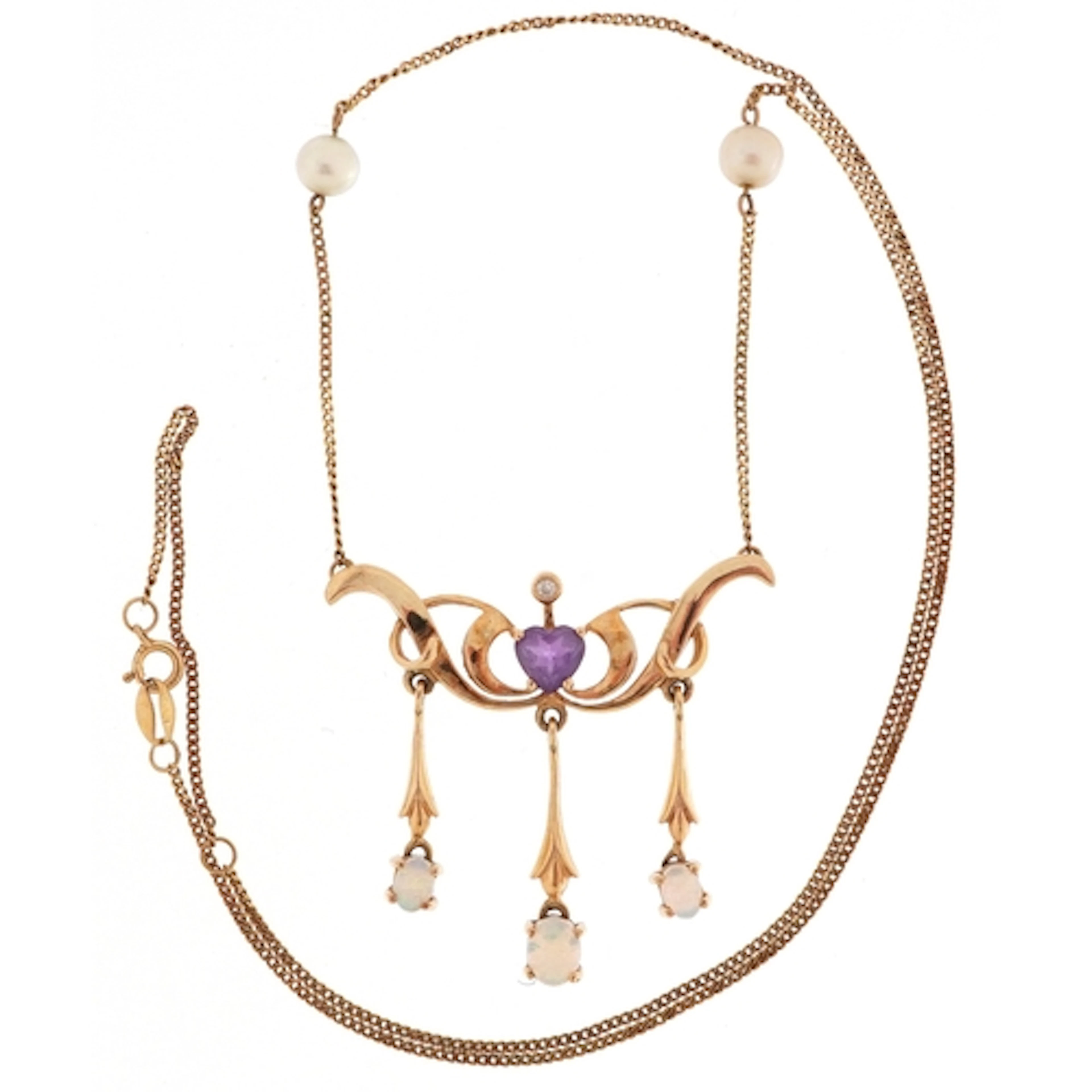 Art Nouveau style 9ct gold, opal, amethyst, diamond and cult...