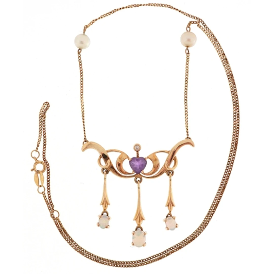 Art Nouveau style 9ct gold, opal, amethyst, diamond and cult...