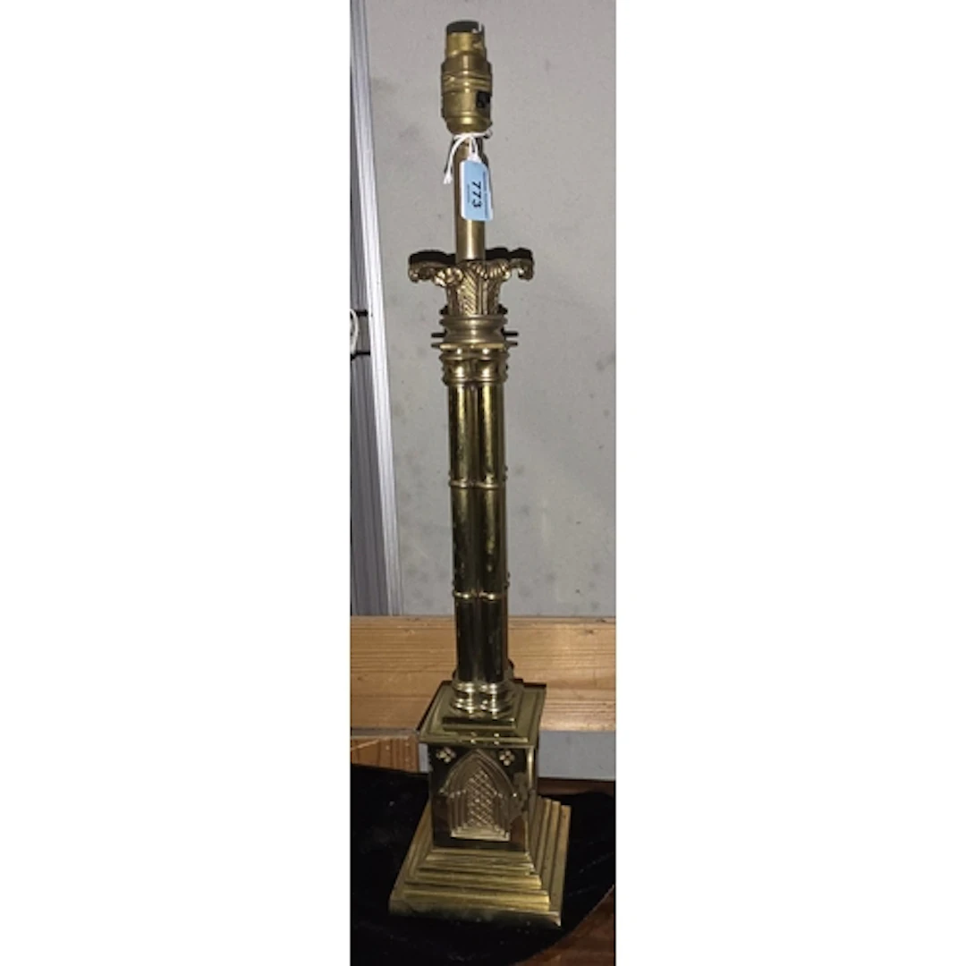 A VINTAGE LAMP BASE, brass Victorian Gothic style with clust...