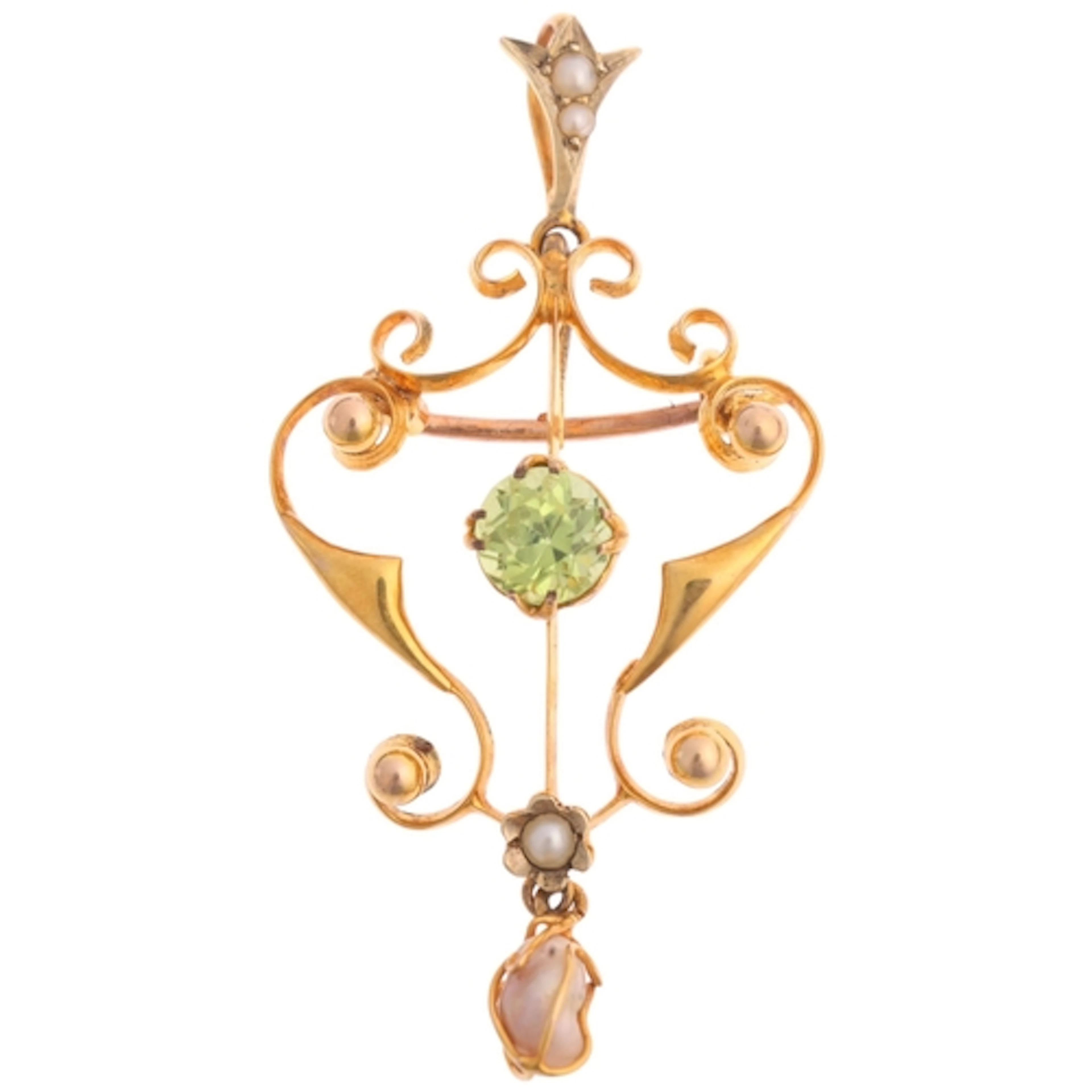 An Art Nouveau Edwardian 9ct gold peridot and pearl openwork...