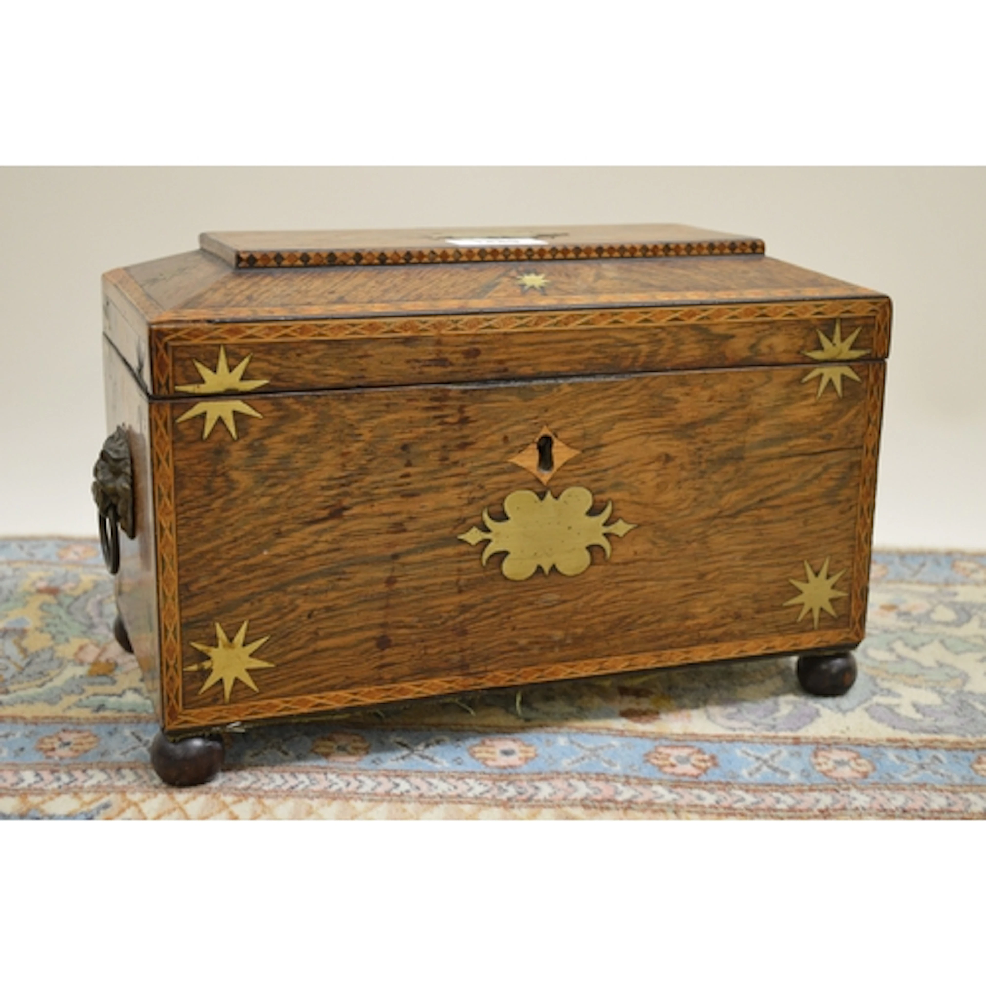 Regency rosewood cut brass and chequer line inlaid sarcophag...