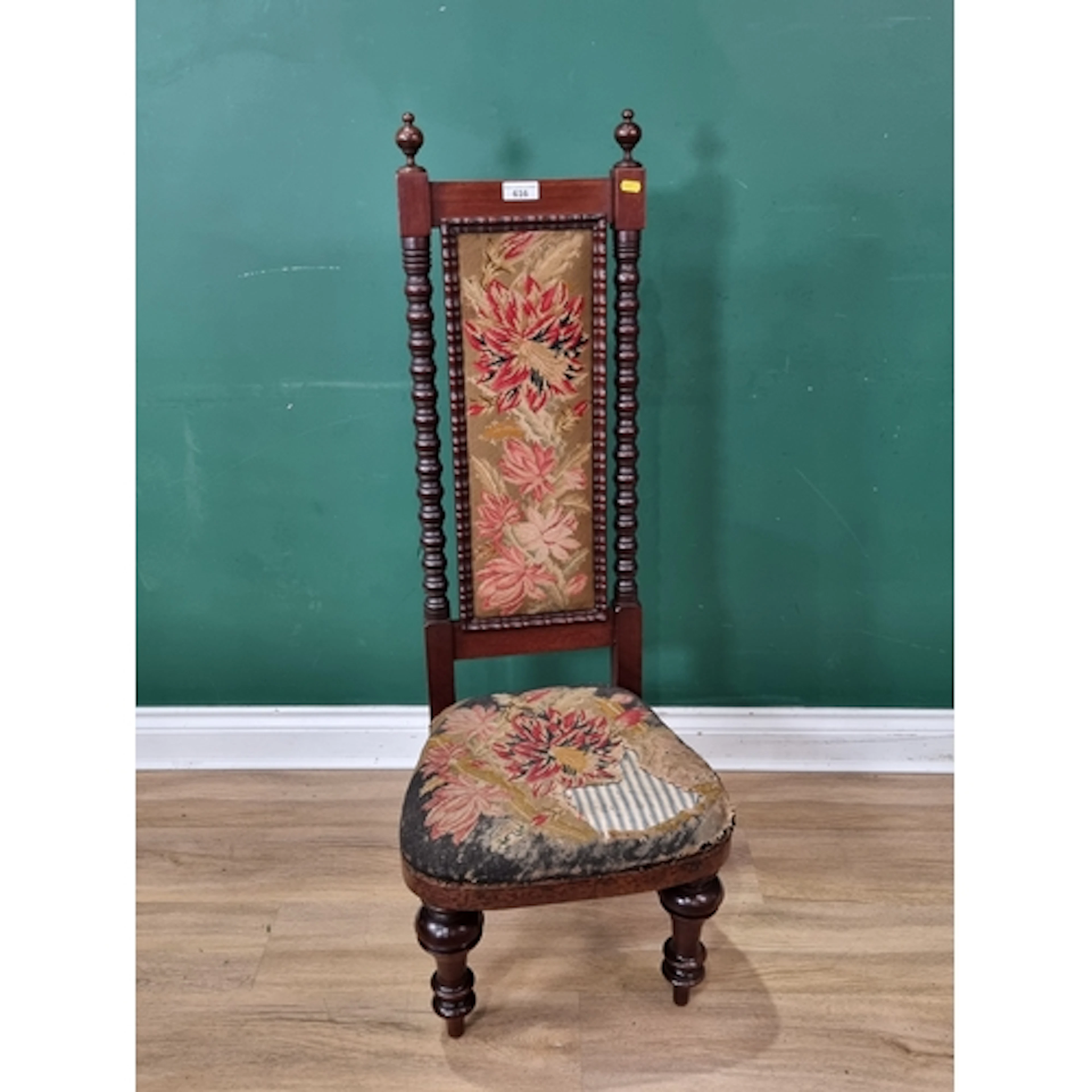 A mahogany prayer Chair with floral tapestry upholstery barl...
