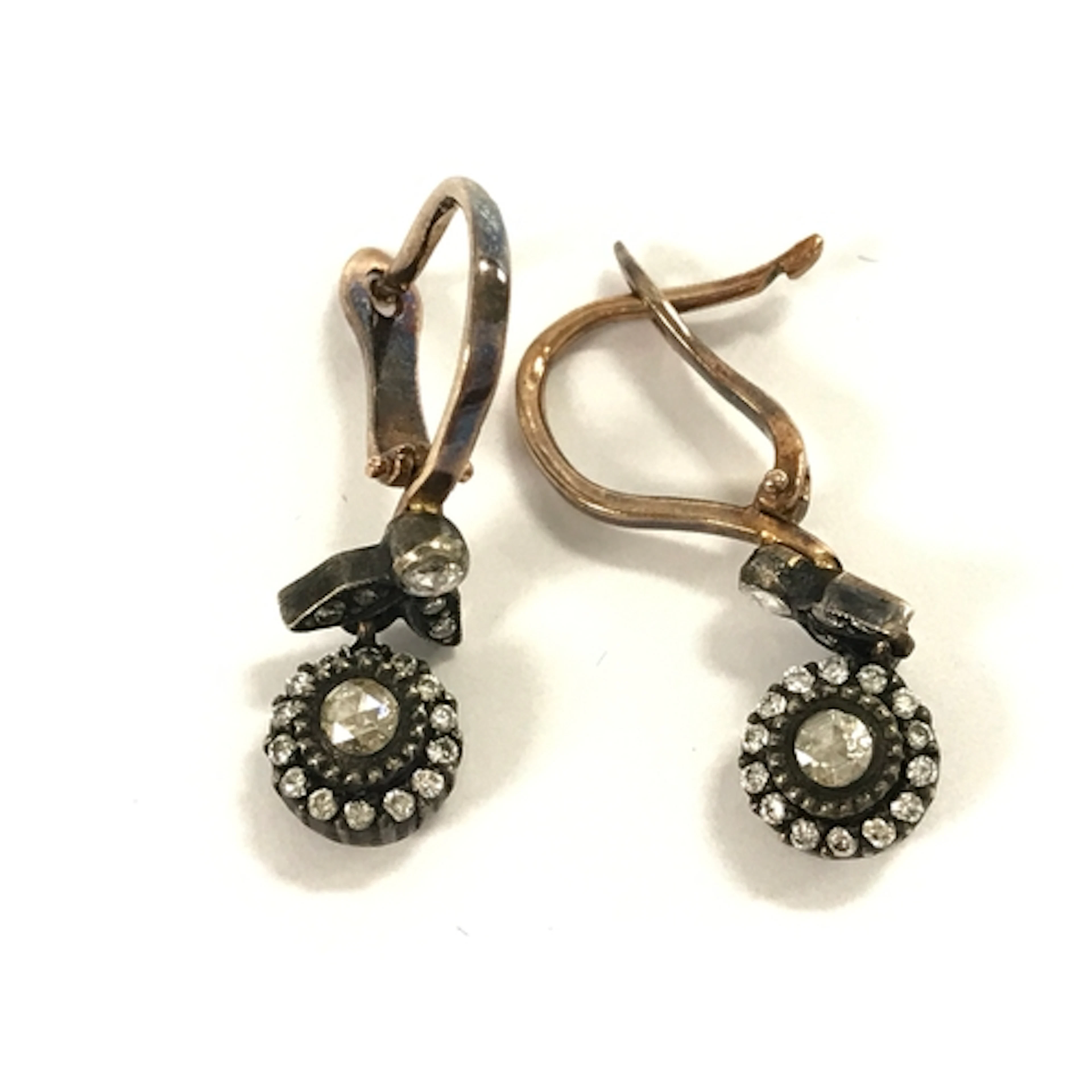 8ct gold and silver (unhallmarked) drop earrings set with ro...