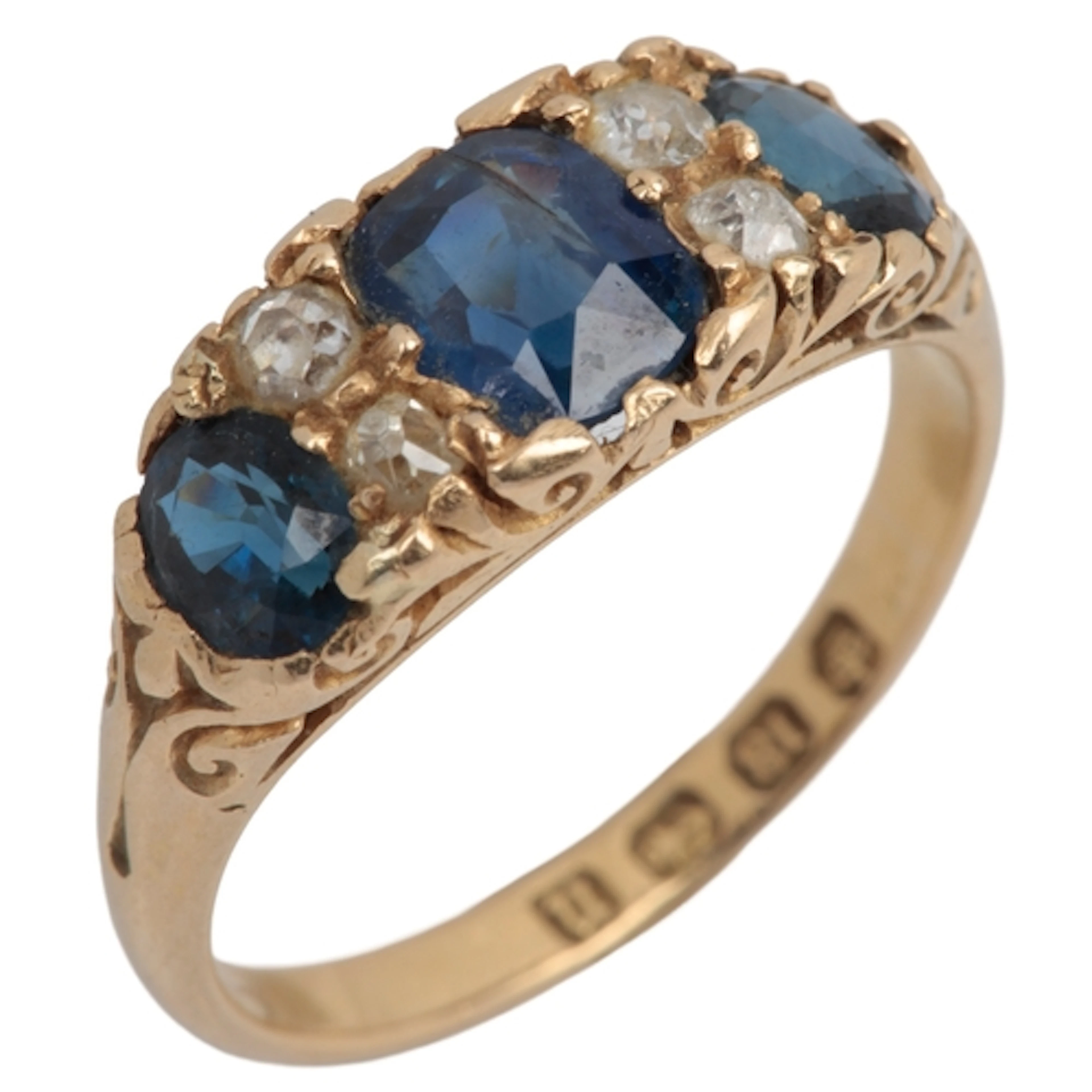 A Victorian sapphire and diamond ring, circa 1887, centring ...