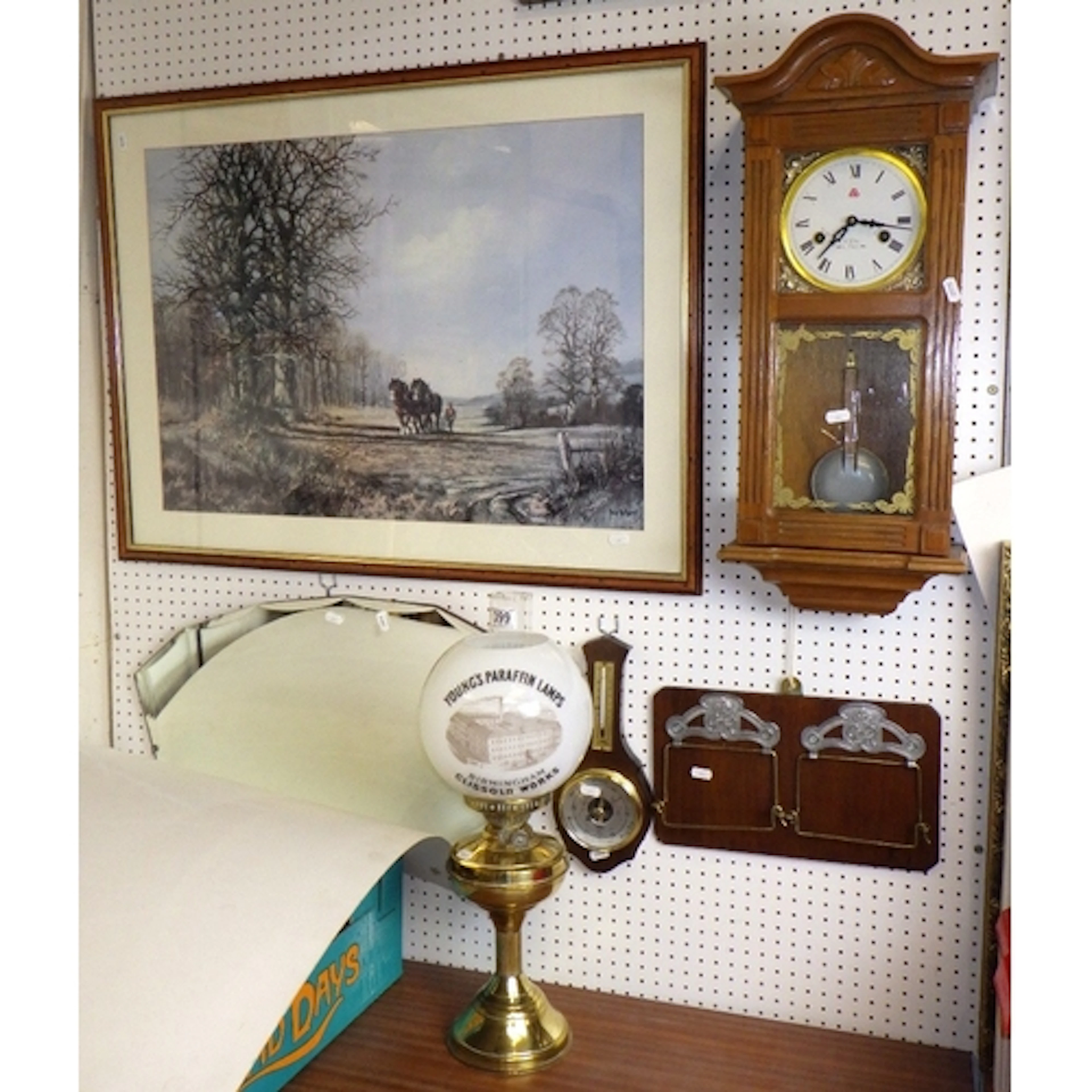 A reproduction Parafin lamp together with a barometer, toile...