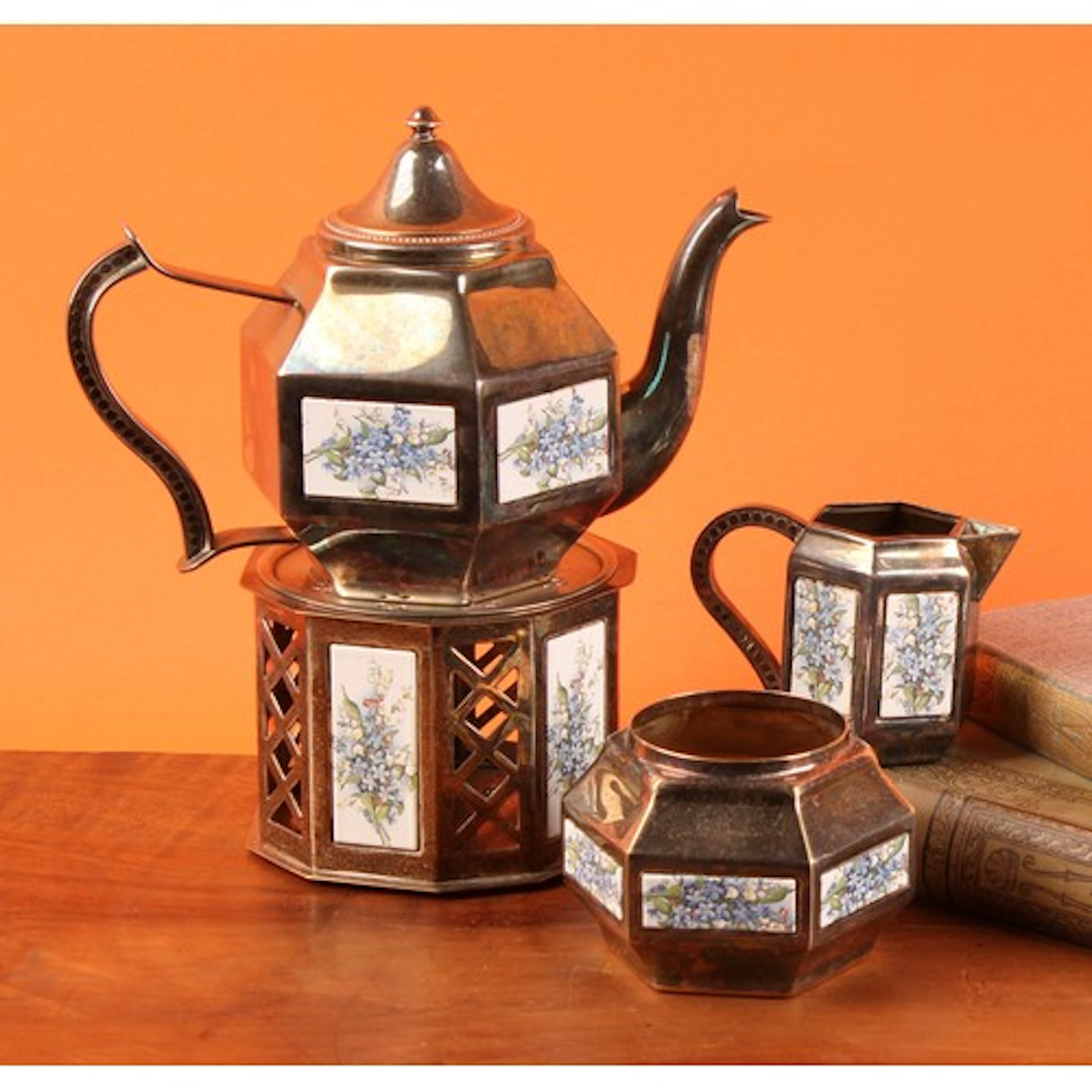 A Dutch silver plate four piece hexagonal tea service, compr...