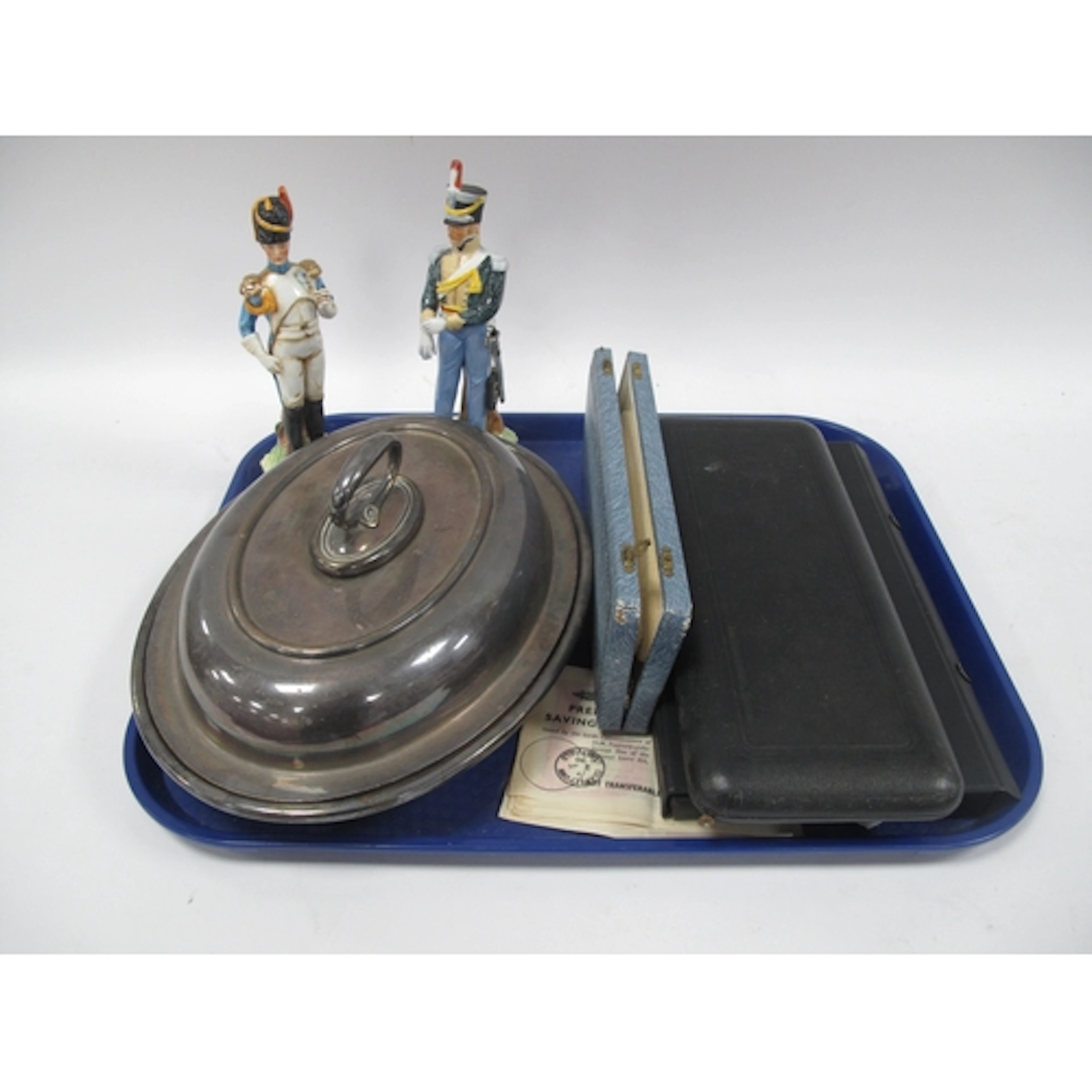 Oval Plated Tureen, ceramic soldiers, Delicia necklace, geom...