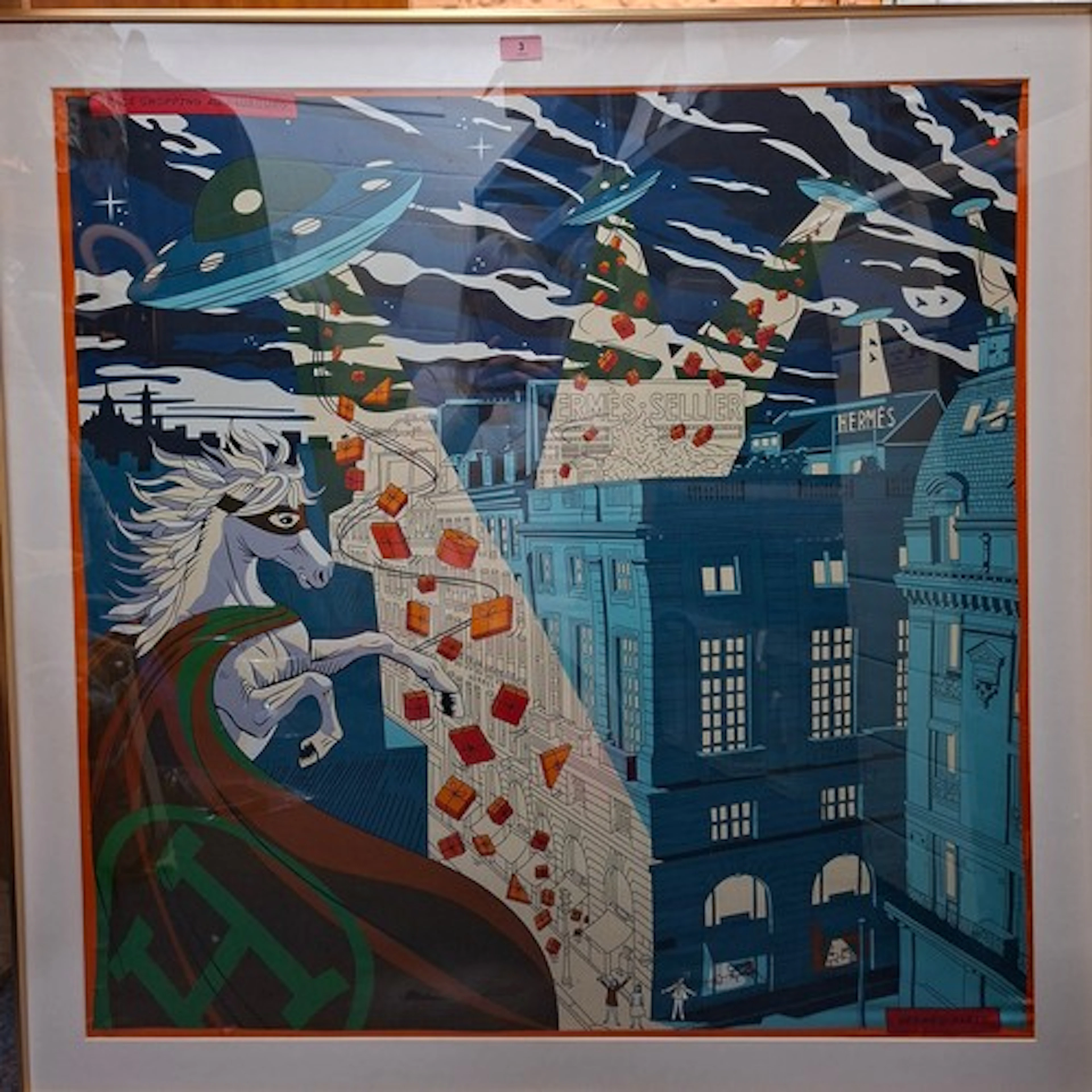 A framed and glazed silk scarf similar to the 2017 Hermes 'S...