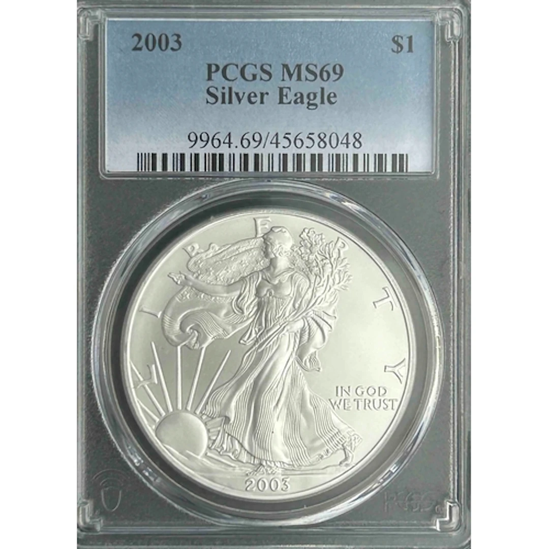 2003 USA $1 silver Eagle coin, slabbed and graded by P.C.G.S...