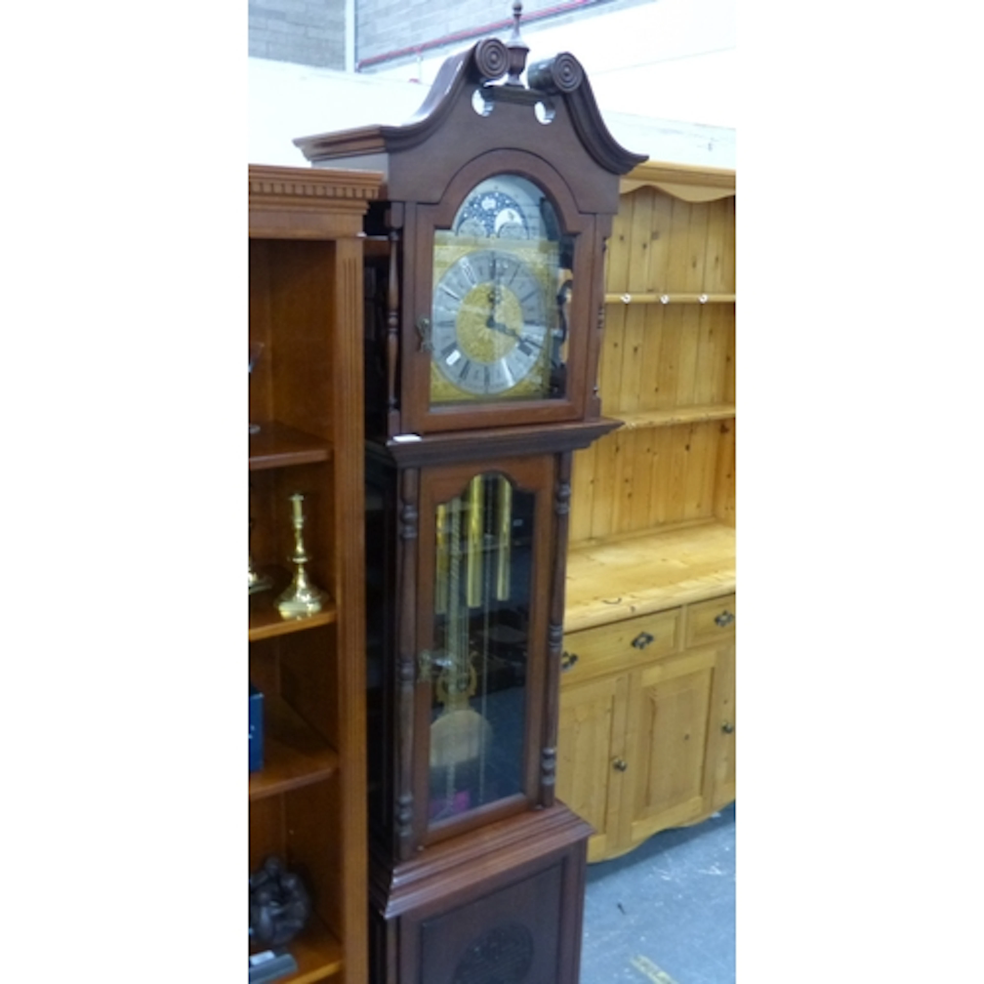 Large modern moonface long case clock with swan neck pedimen...